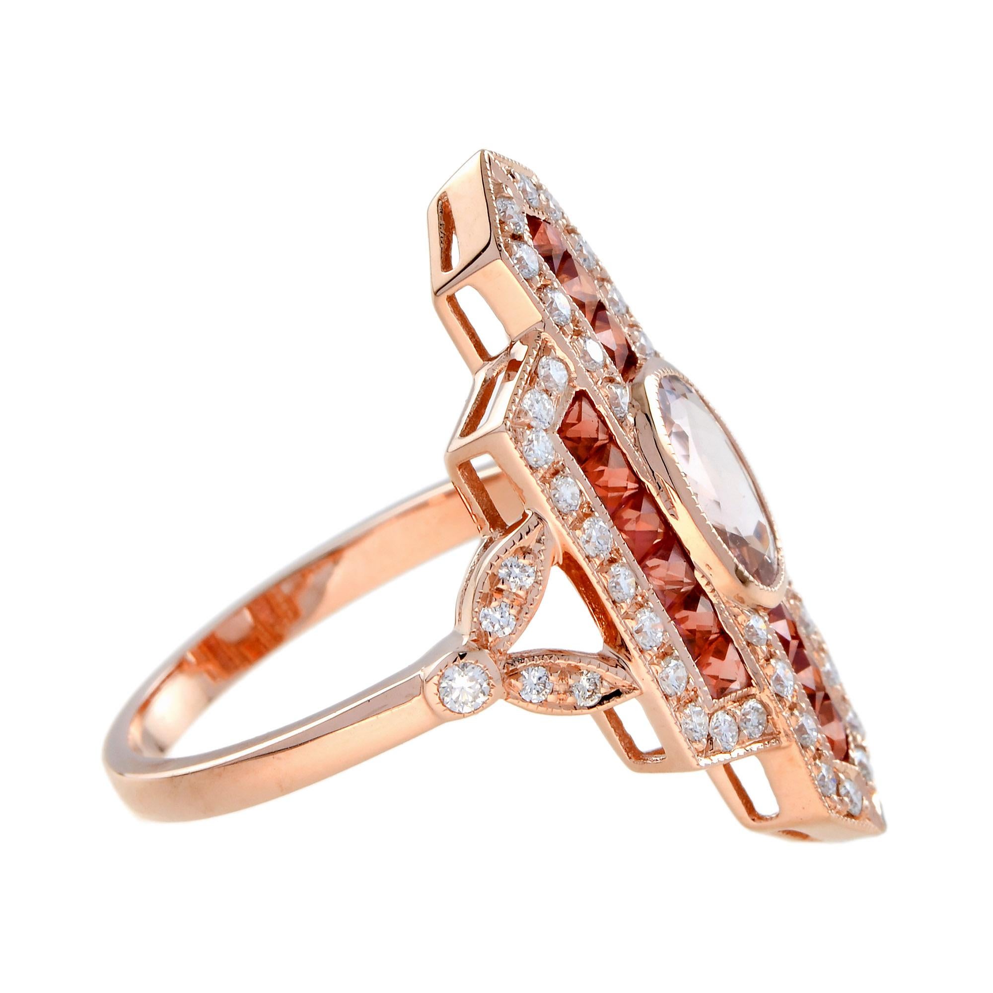 Taglio ovale Anello da cena in stile Art Déco con diamante e zaffiro arancione morganite in oro rosa 14K in vendita
