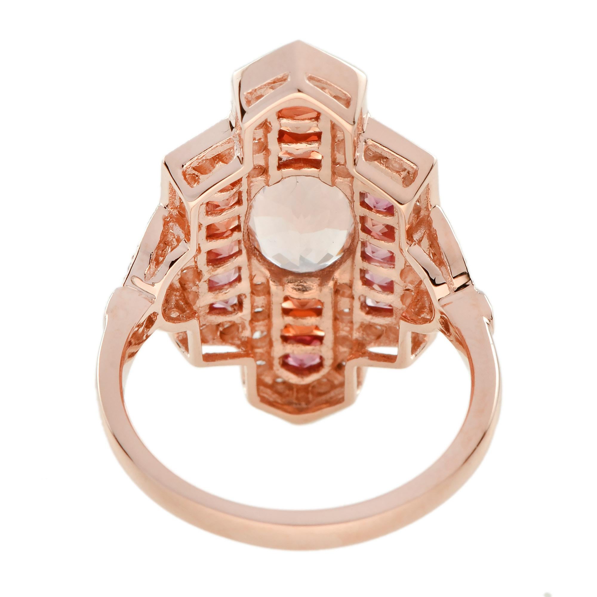 Anello da cena in stile Art Déco con diamante e zaffiro arancione morganite in oro rosa 14K In condizioni Nuovo in vendita a Bangkok, TH