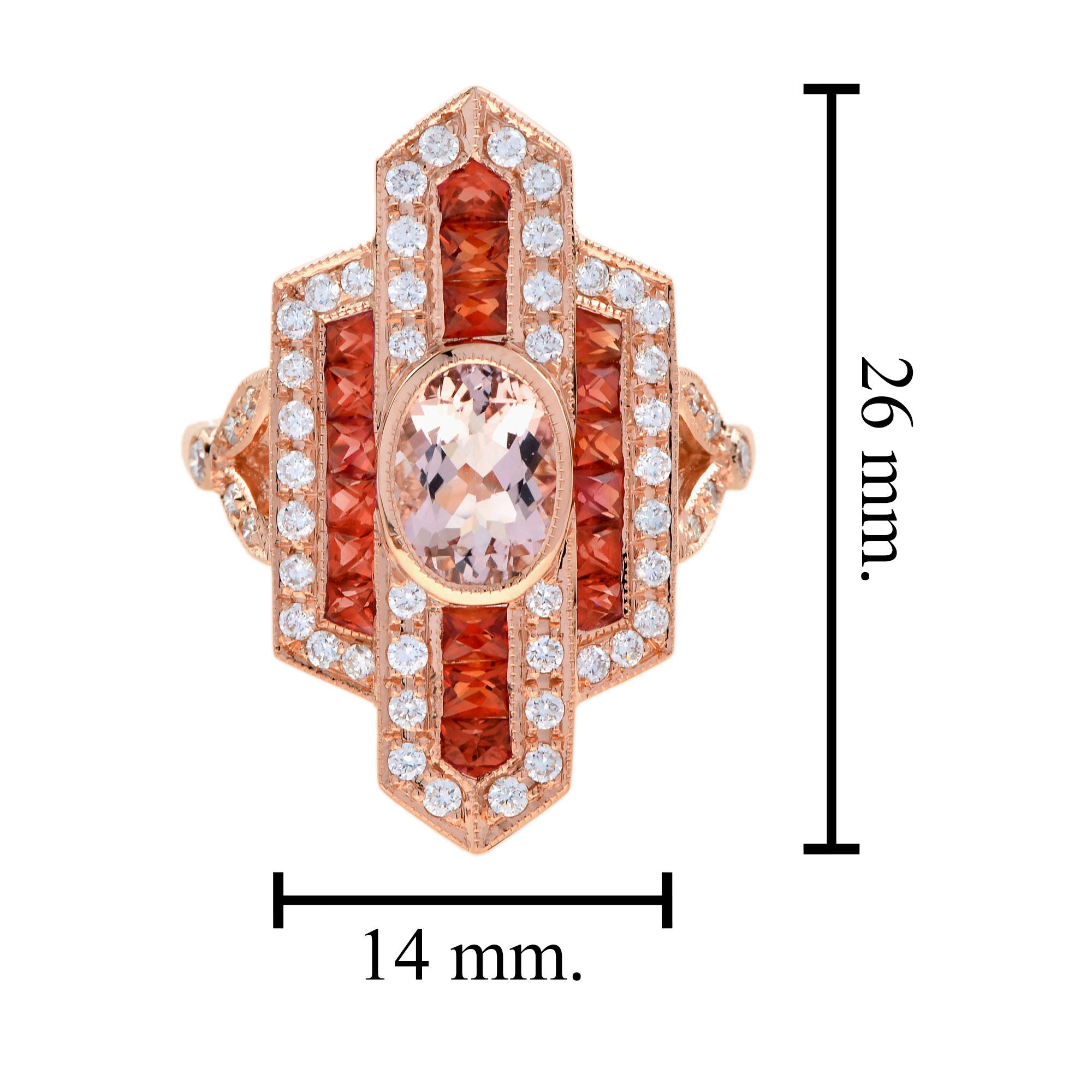 Anello da cena in stile Art Déco con diamante e zaffiro arancione morganite in oro rosa 14K in vendita 1