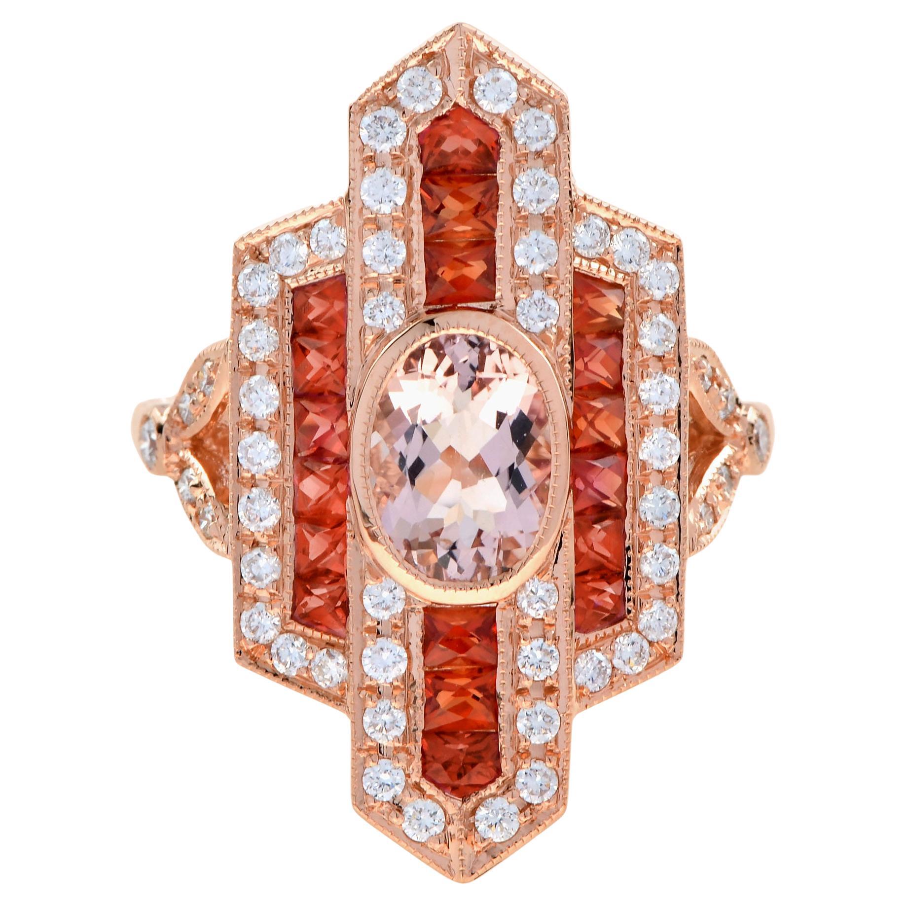 Anello da cena in stile Art Déco con diamante e zaffiro arancione morganite in oro rosa 14K