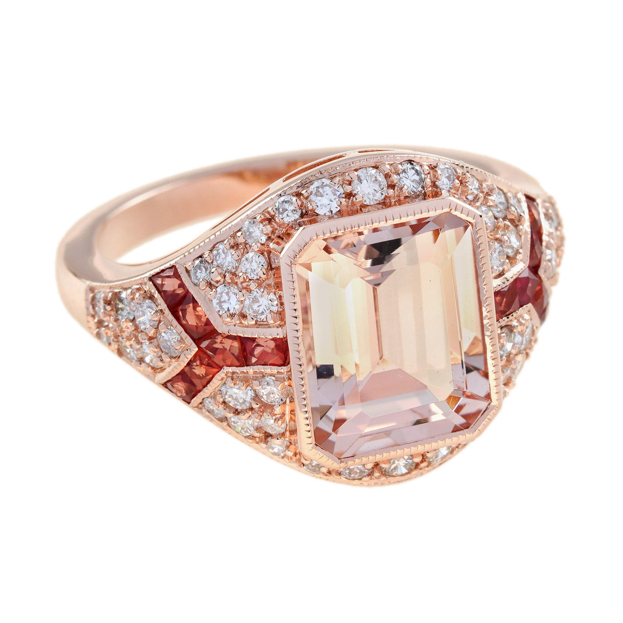 Anello di fidanzamento in stile Art Deco con zaffiro arancione e morganite in oro 18 carati In condizioni Nuovo in vendita a Bangkok, TH