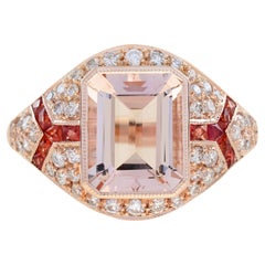Morganite Orange Sapphire Diamond Art Deco Style Engagement Ring in 18K Gold