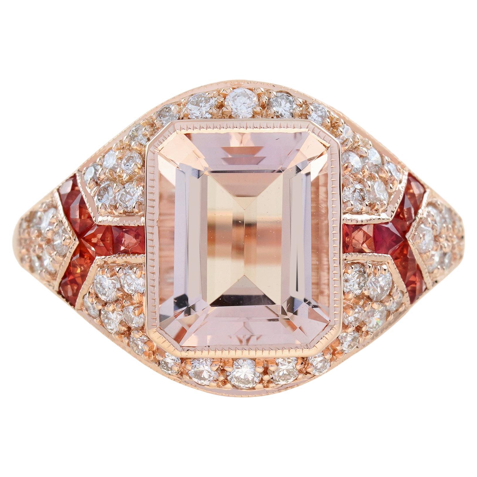 Morganite Orange Sapphire Diamond Art Deco Style Engagement Ring in 18K Gold