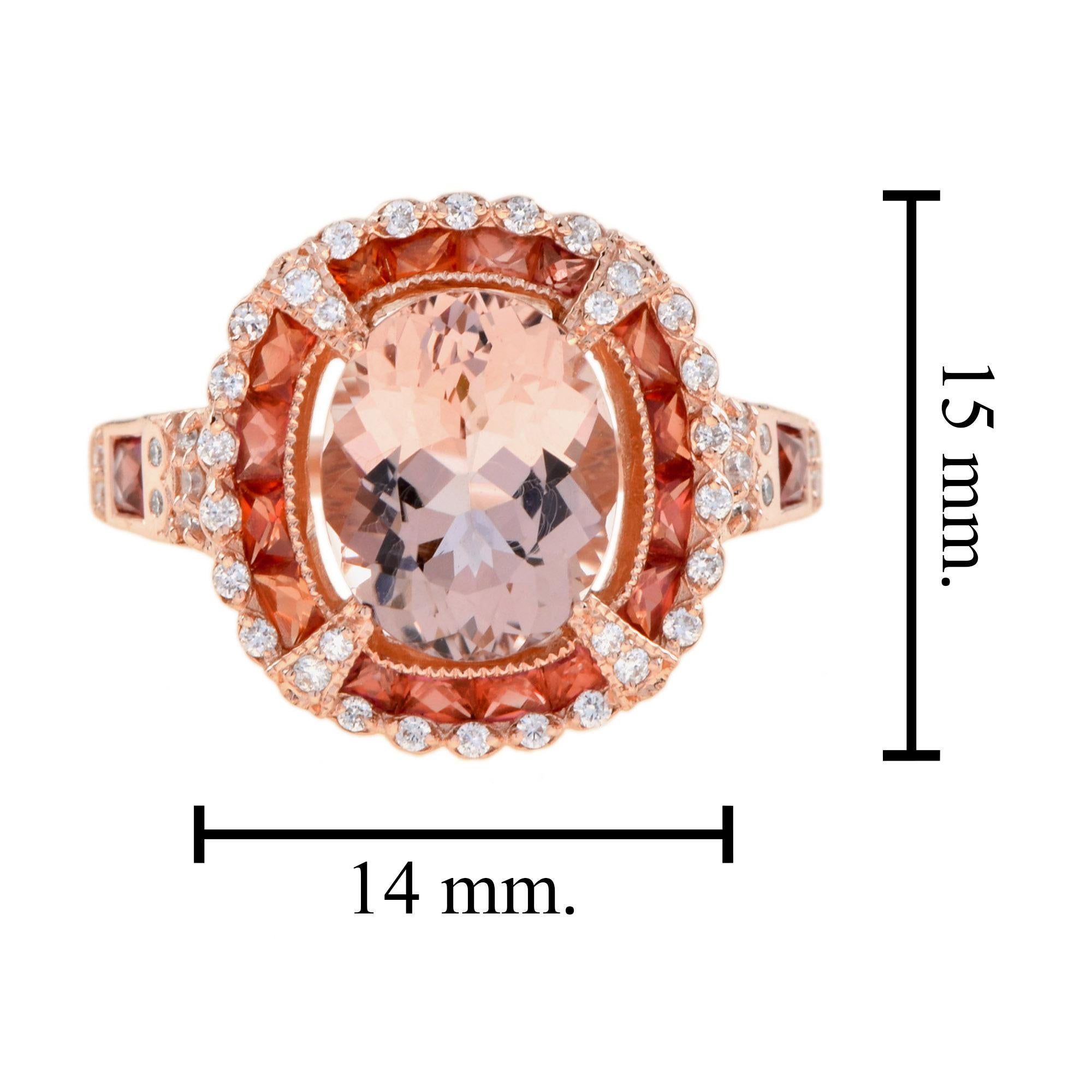 Morganite Orange Sapphire Diamond Art Deco Style Halo Ring in 14K Rose Gold For Sale 5