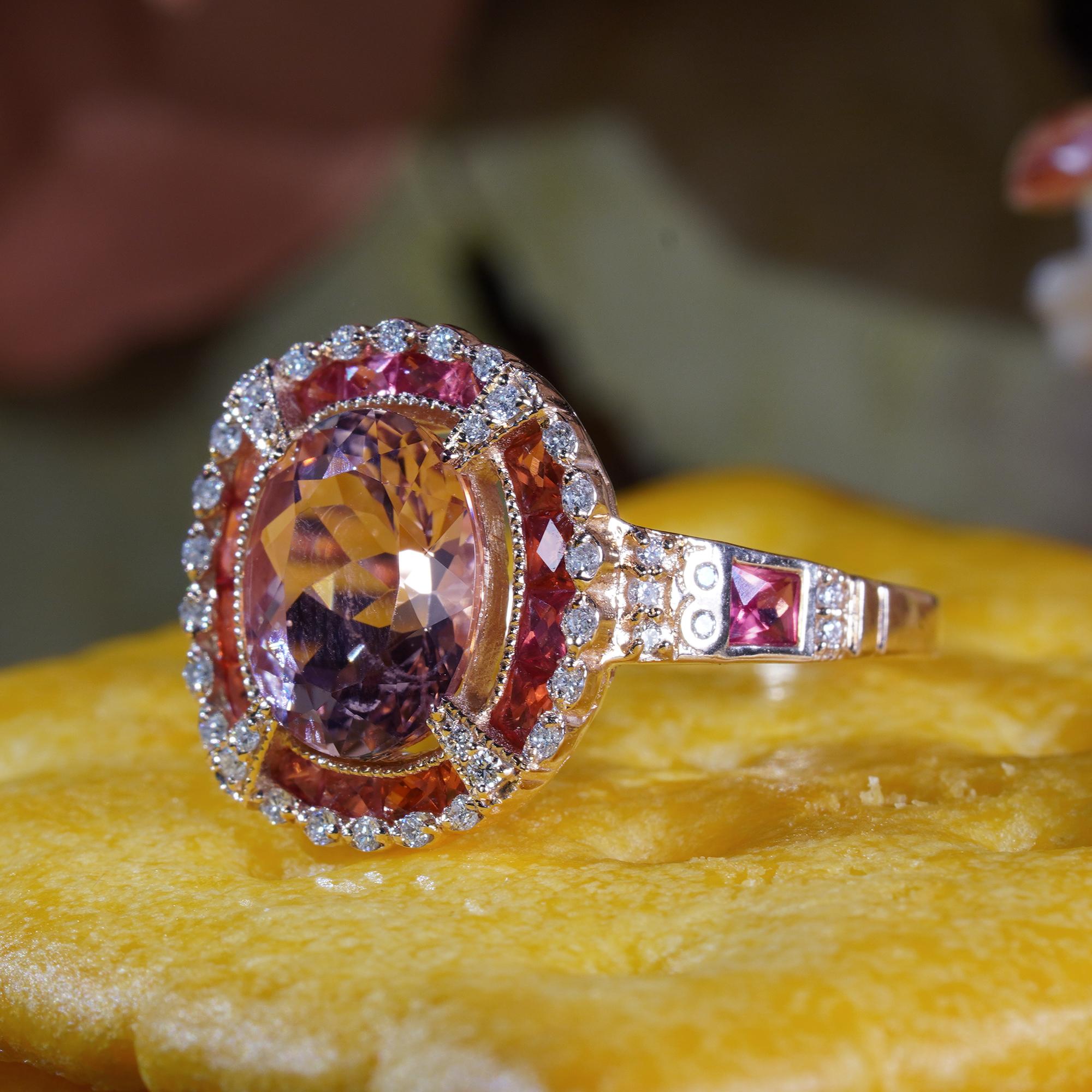 Morganite Orange Sapphire Diamond Art Deco Style Halo Ring in 14K Rose Gold In New Condition For Sale In Bangkok, TH