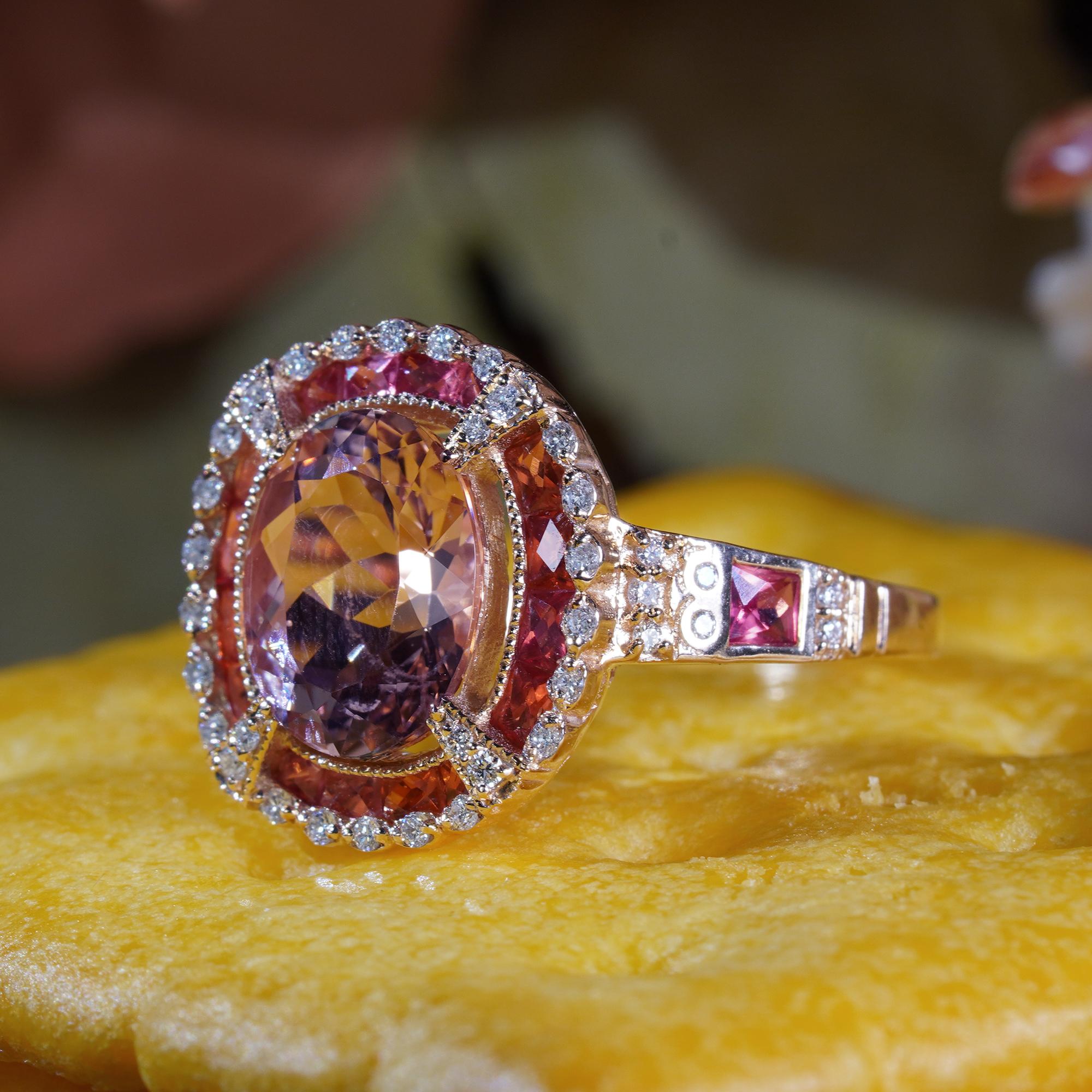 Taglio ovale Anello a raggiera con diamante e zaffiro arancione Morganite in stile Art Deco in oro rosa 14K in vendita