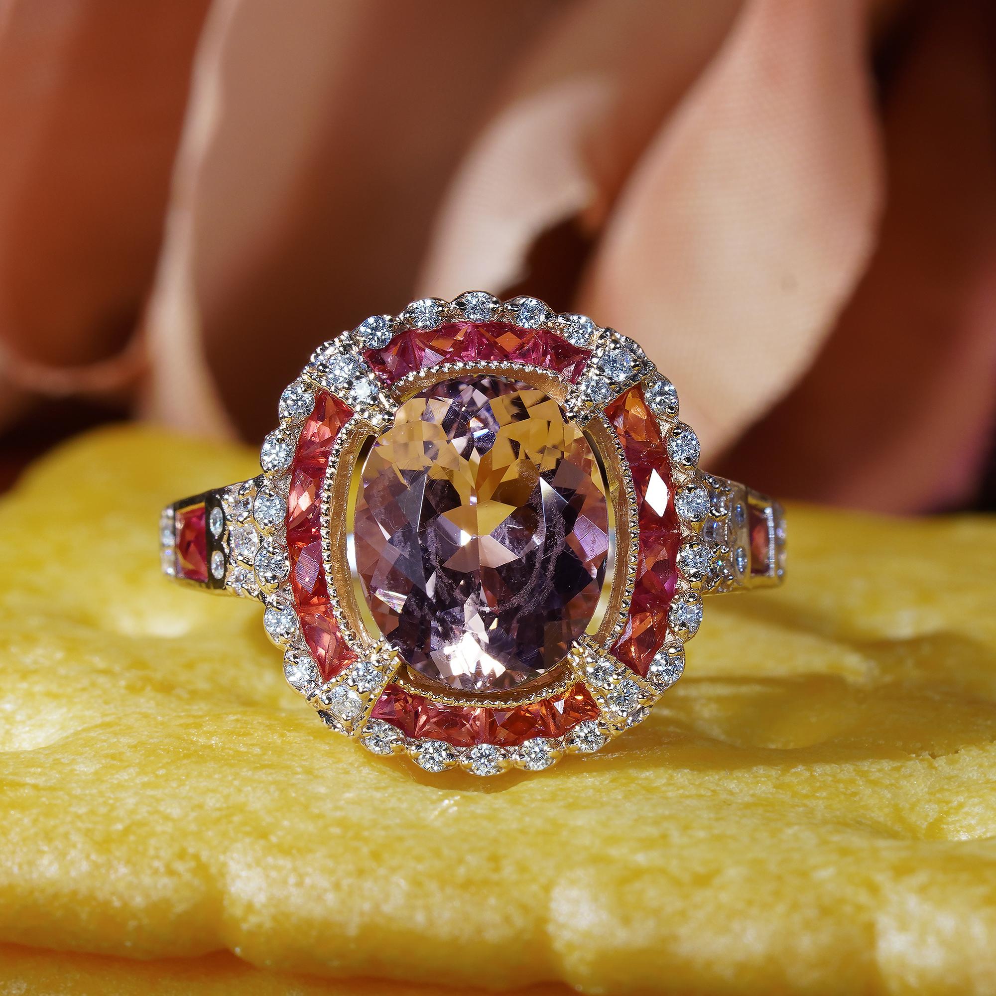 Women's Morganite Orange Sapphire Diamond Art Deco Style Halo Ring in 14K Rose Gold For Sale