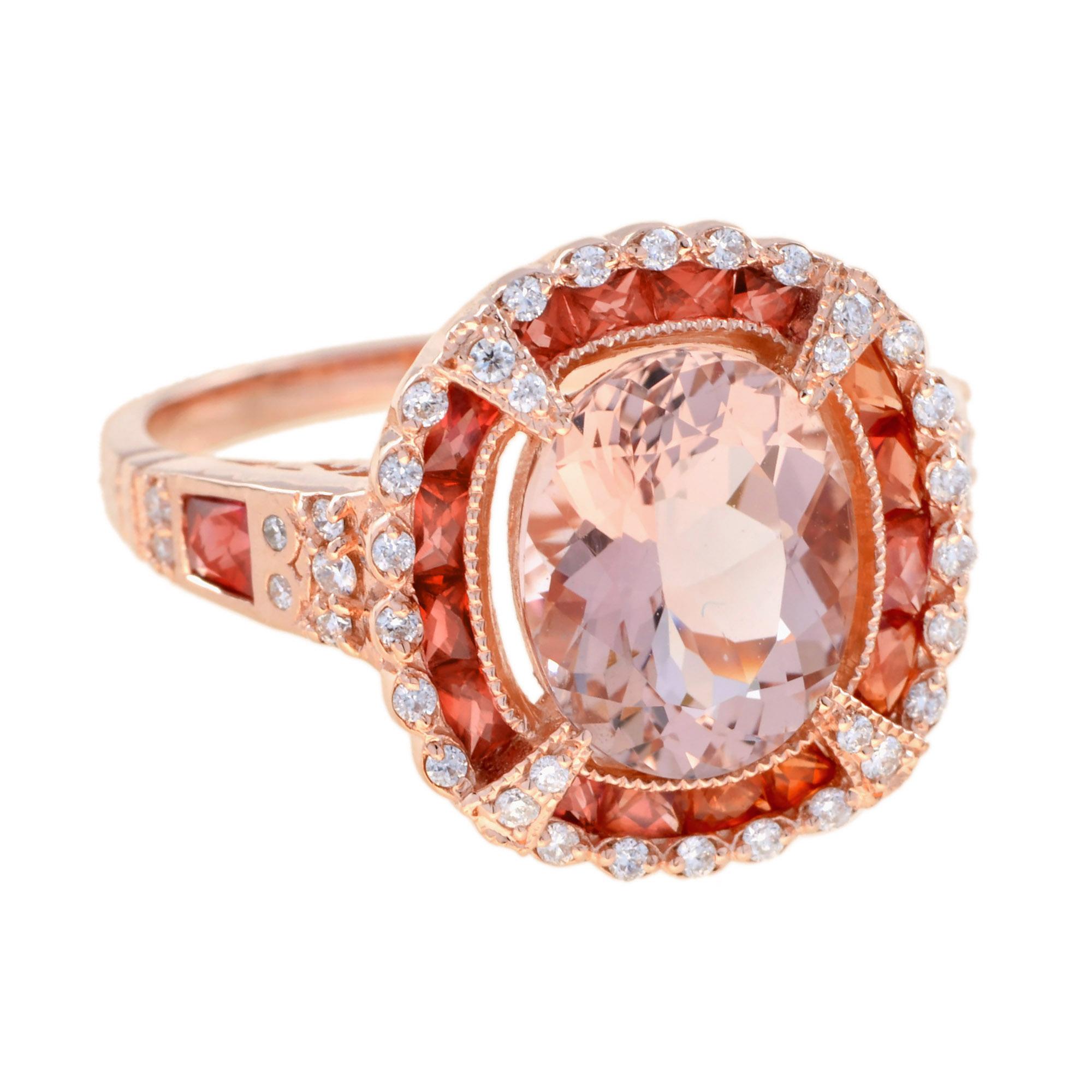 Morganite Orange Sapphire Diamond Art Deco Style Halo Ring in 14K Rose Gold For Sale 1
