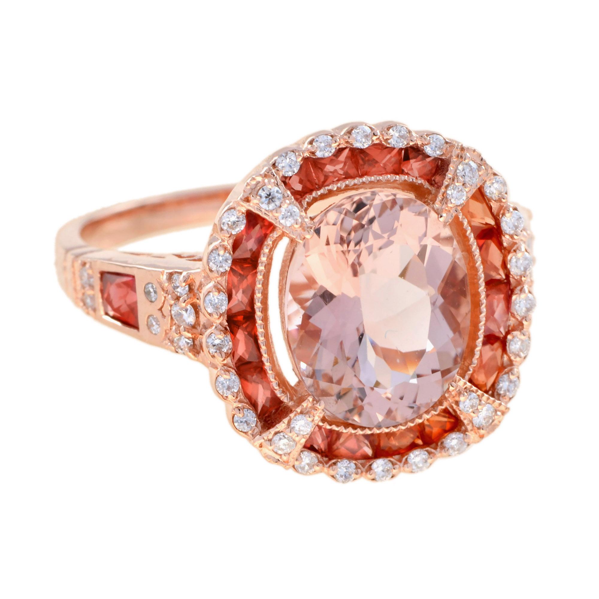 Donna Anello a raggiera con diamante e zaffiro arancione Morganite in stile Art Deco in oro rosa 14K in vendita
