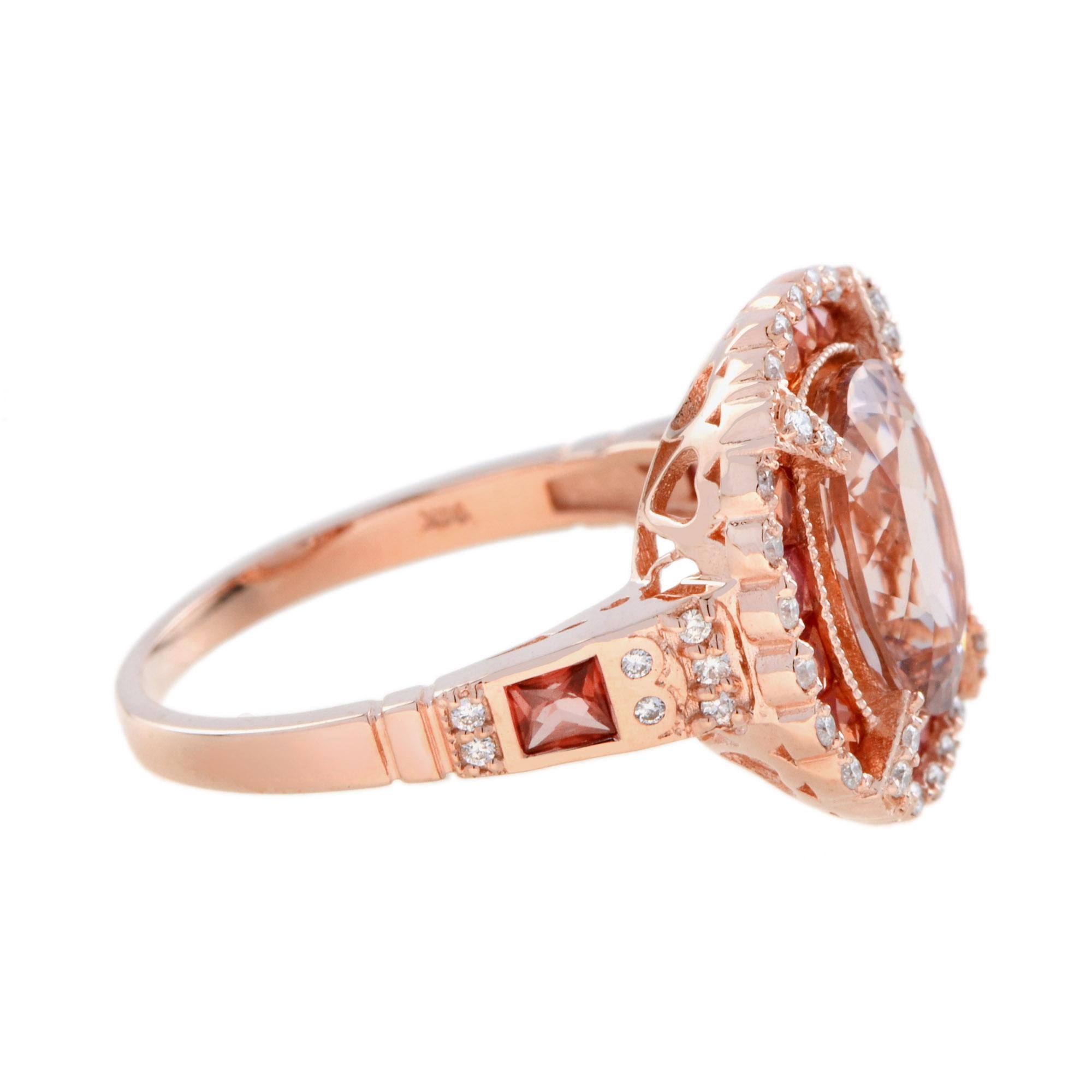 Morganite Orange Sapphire Diamond Art Deco Style Halo Ring in 14K Rose Gold For Sale 2