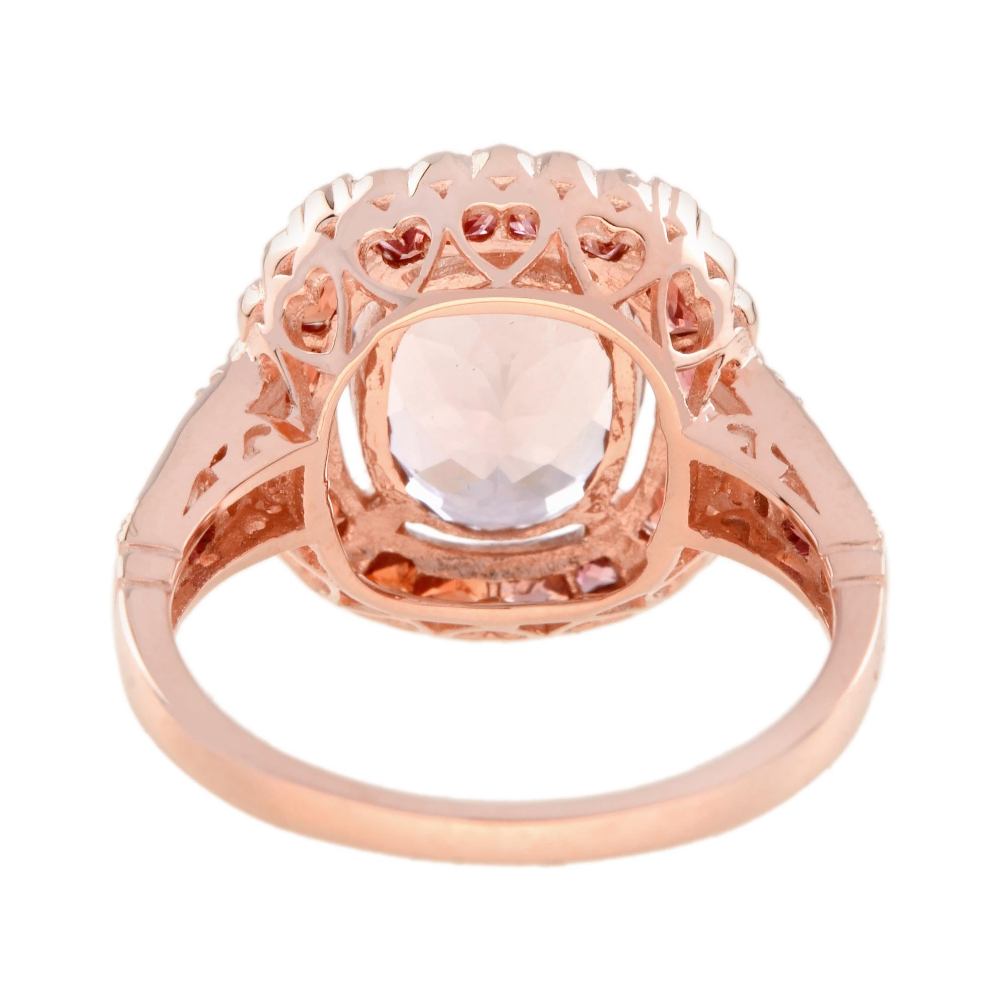 Morganite Orange Sapphire Diamond Art Deco Style Halo Ring in 14K Rose Gold For Sale 3