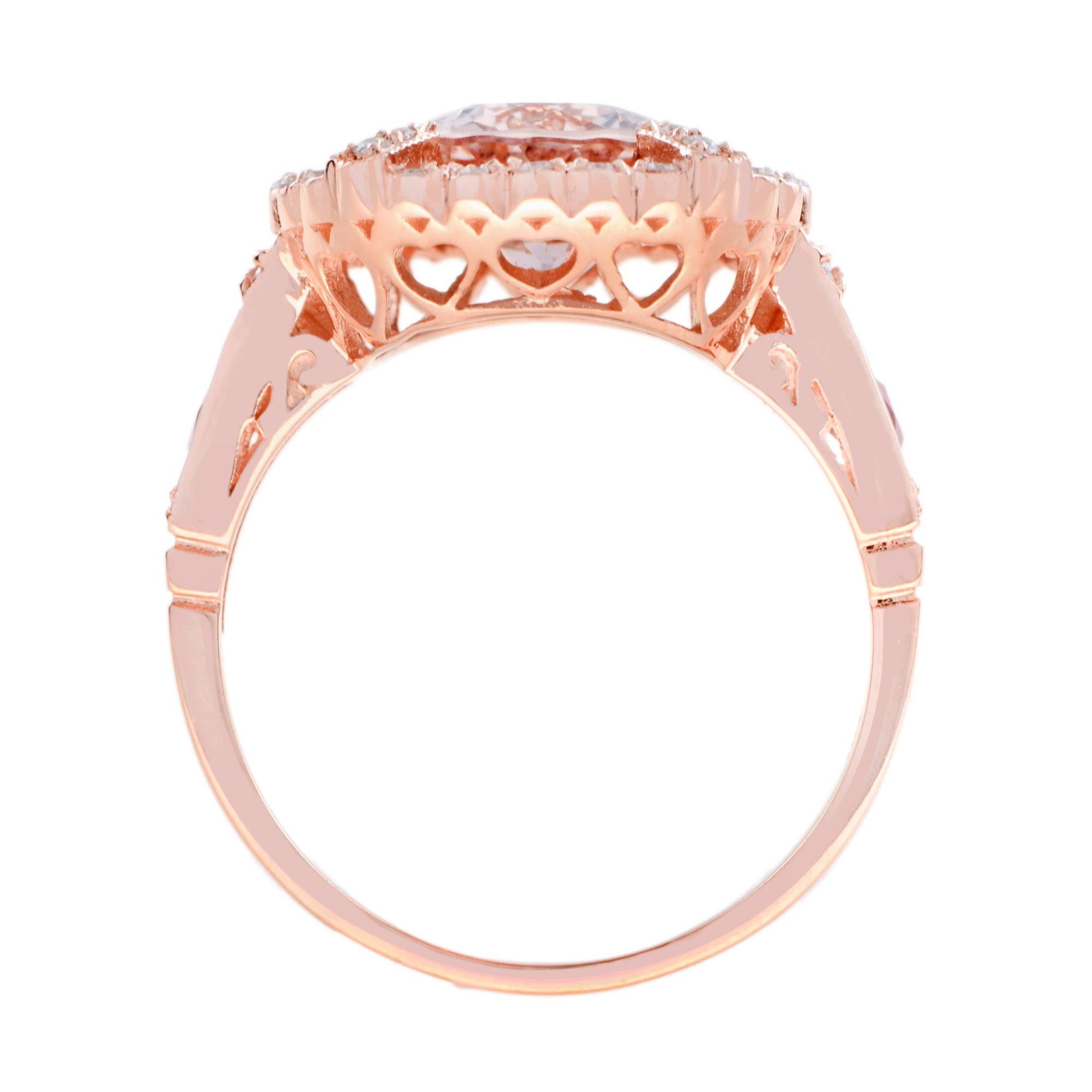 Morganite Orange Sapphire Diamond Art Deco Style Halo Ring in 14K Rose Gold For Sale 4