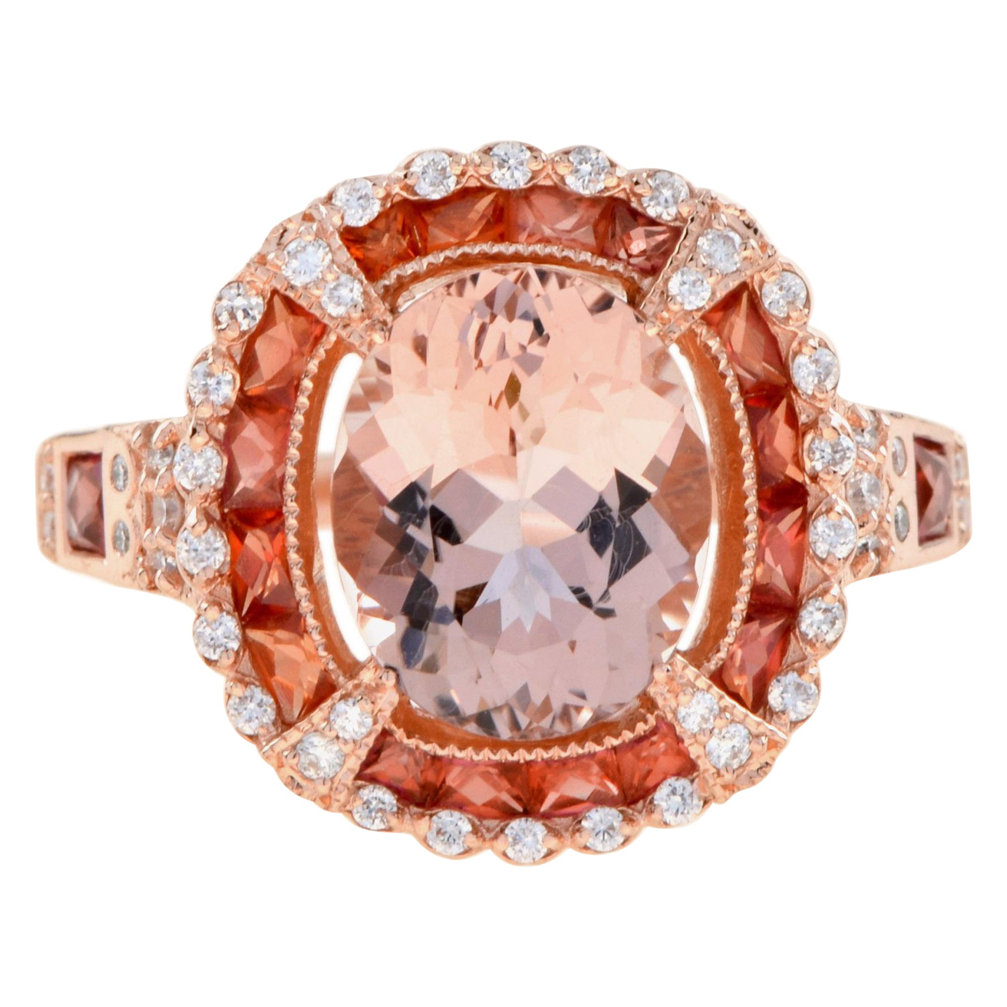 Morganit Orange Saphir Diamant Art Deco Stil Halo-Ring aus 14K Roségold