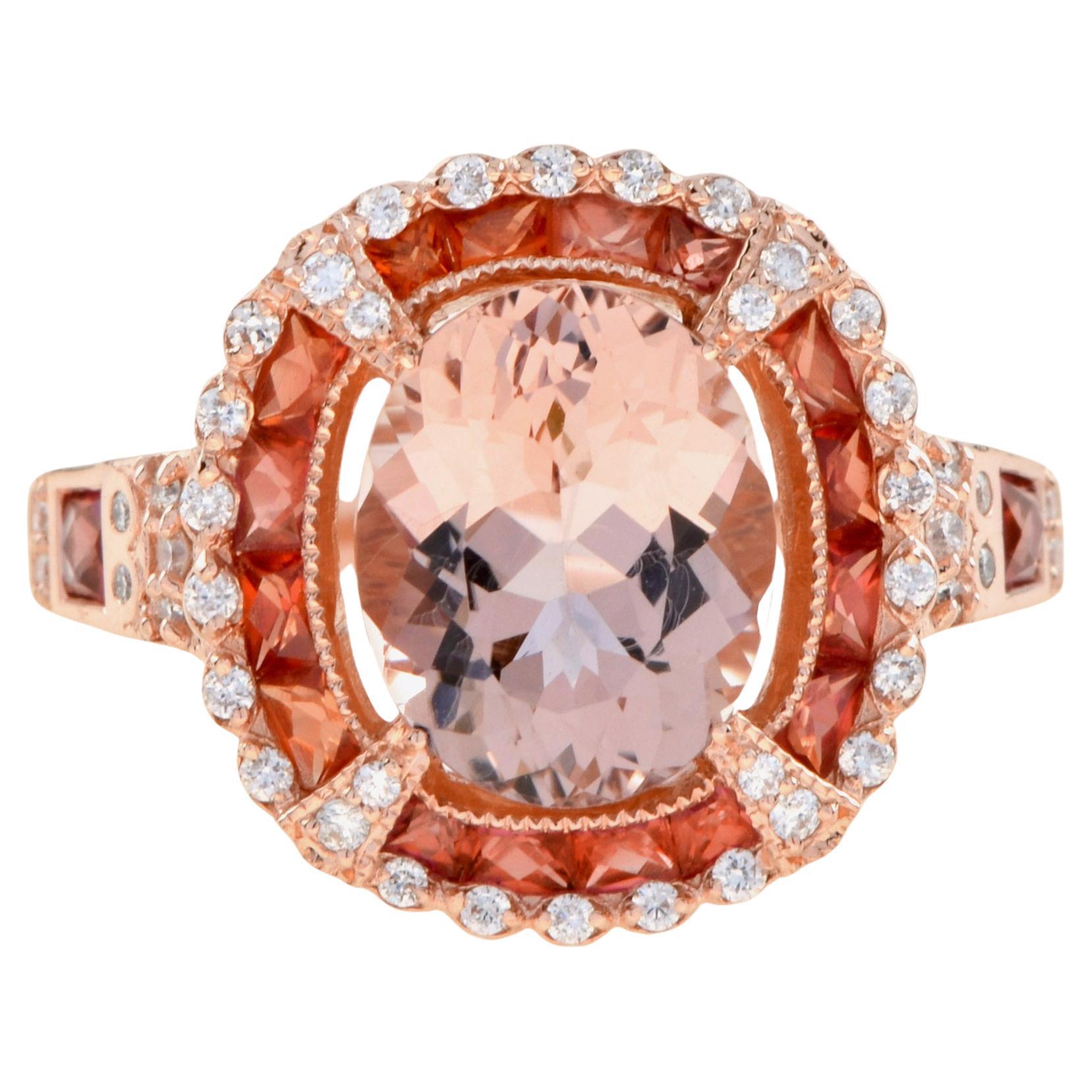 Morganite Orange Sapphire Diamond Art Deco Style Halo Ring in 14K Rose Gold For Sale