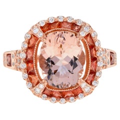 Morganite Orange Sapphire Diamond Art Deco Style Halo Ring in 14K Rose Gold