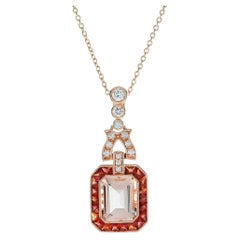 Morganite Orange Sapphire Diamond Art Deco Style Necklace in 14K Rose Gold
