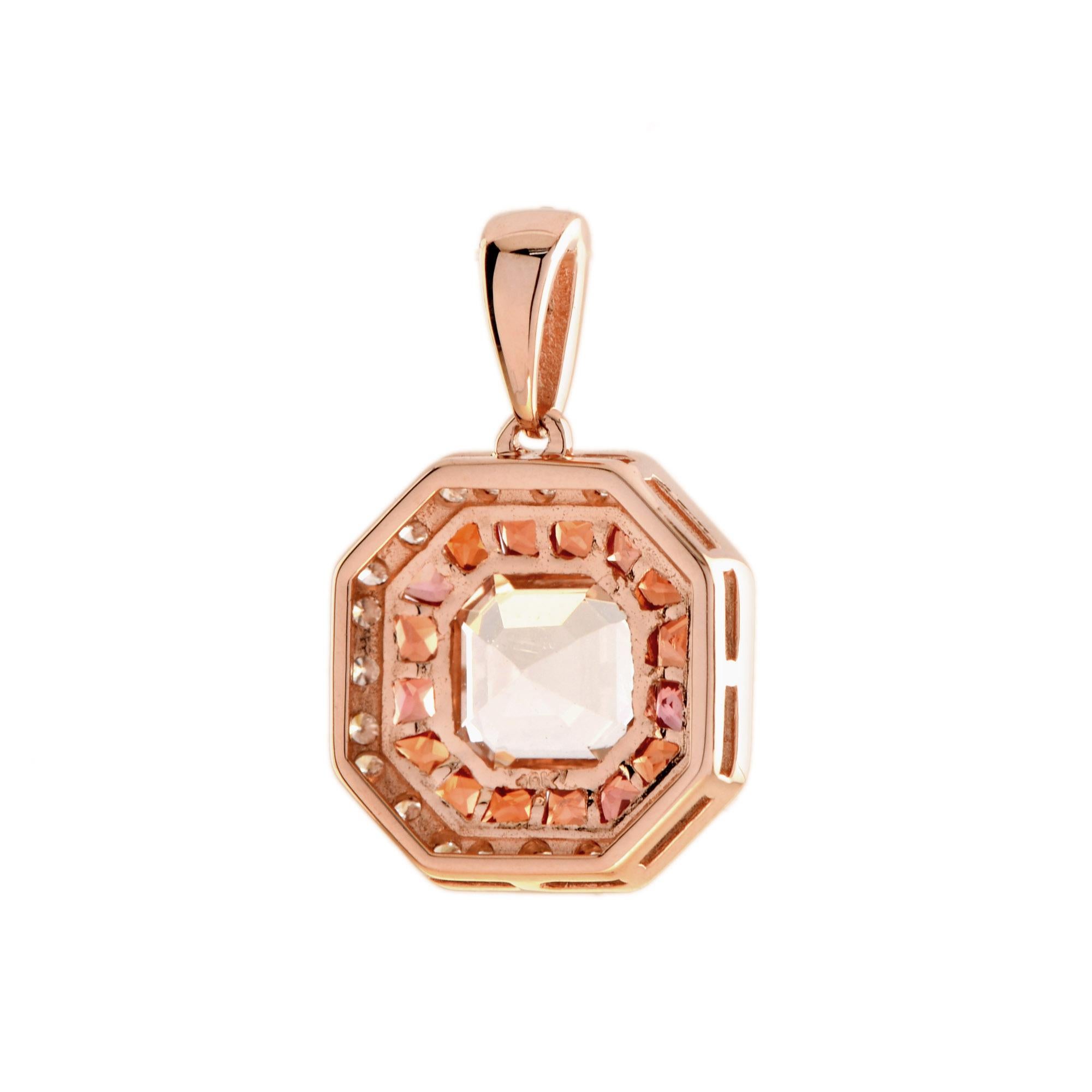 Morganite Orange Sapphire Diamond Art Deco Style Pendant in 14K Rose Gold In New Condition For Sale In Bangkok, TH
