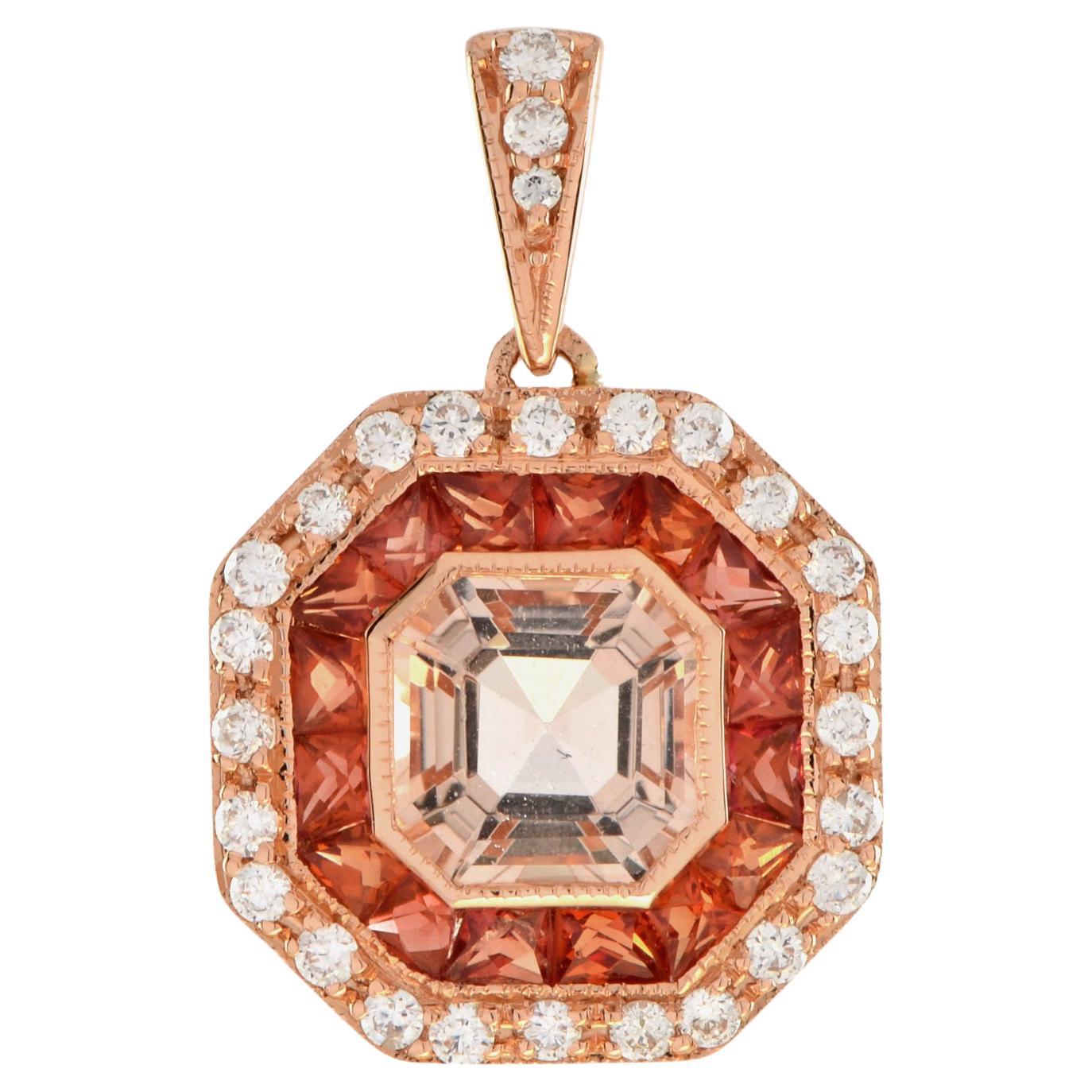 Morganite Orange Sapphire Diamond Art Deco Style Pendant in 14K Rose Gold For Sale