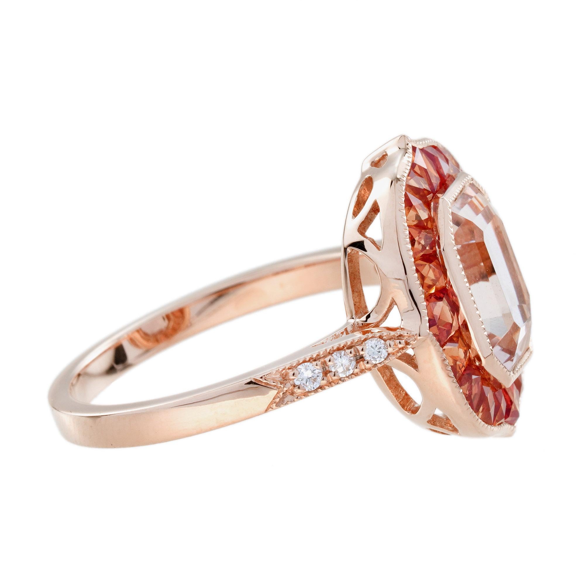Emerald Cut Morganite Orange Sapphire Diamond Art Deco Style Target Ring in 14K Rose Gold For Sale