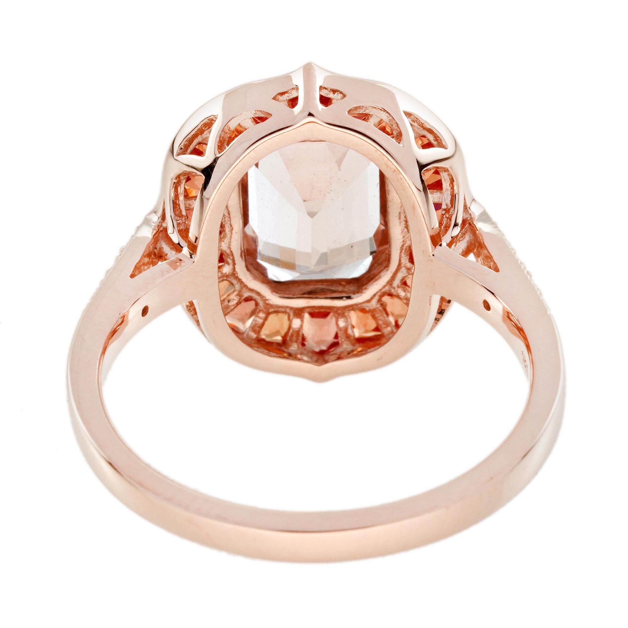 Morganite Orange Sapphire Diamond Art Deco Style Target Ring in 14K Rose Gold In New Condition For Sale In Bangkok, TH