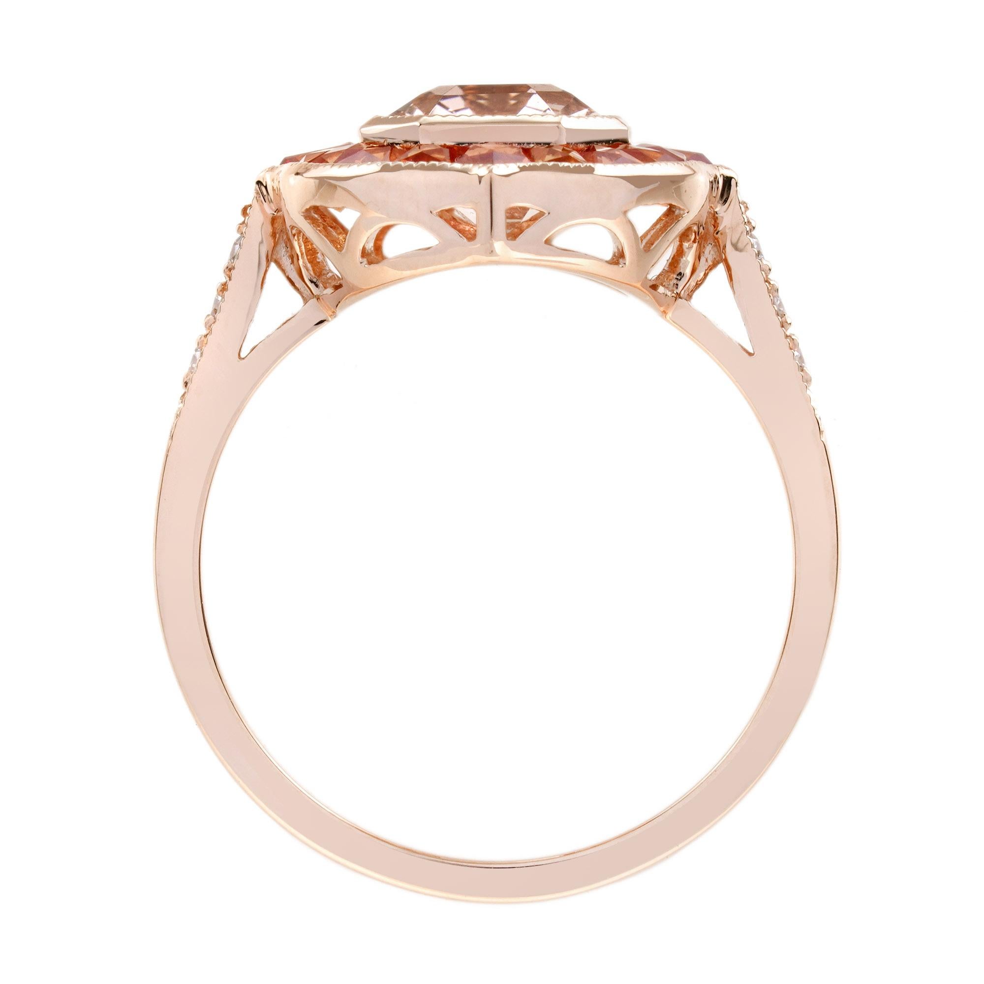 Women's Morganite Orange Sapphire Diamond Art Deco Style Target Ring in 14K Rose Gold For Sale