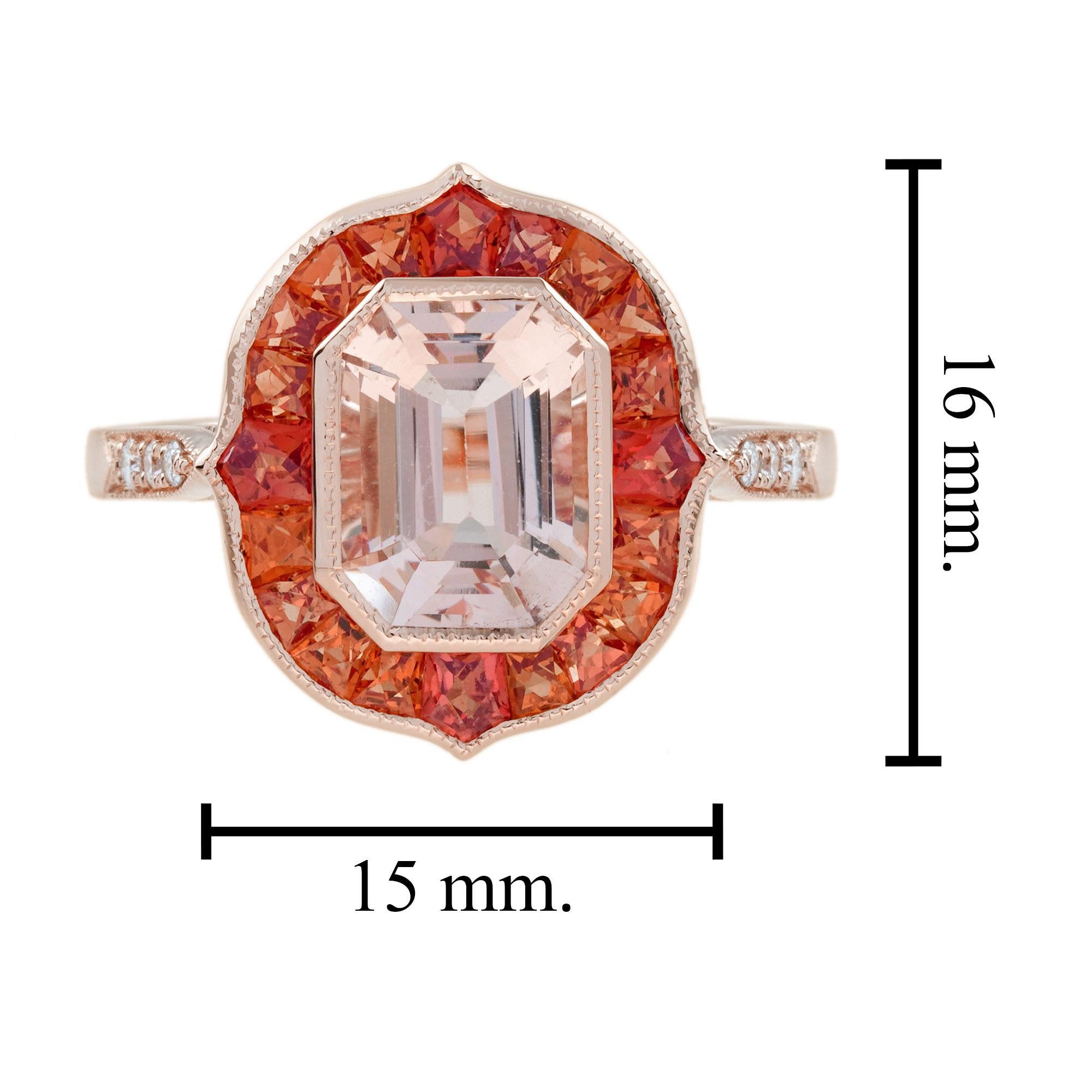 Morganite Orange Sapphire Diamond Art Deco Style Target Ring in 14K Rose Gold For Sale 1
