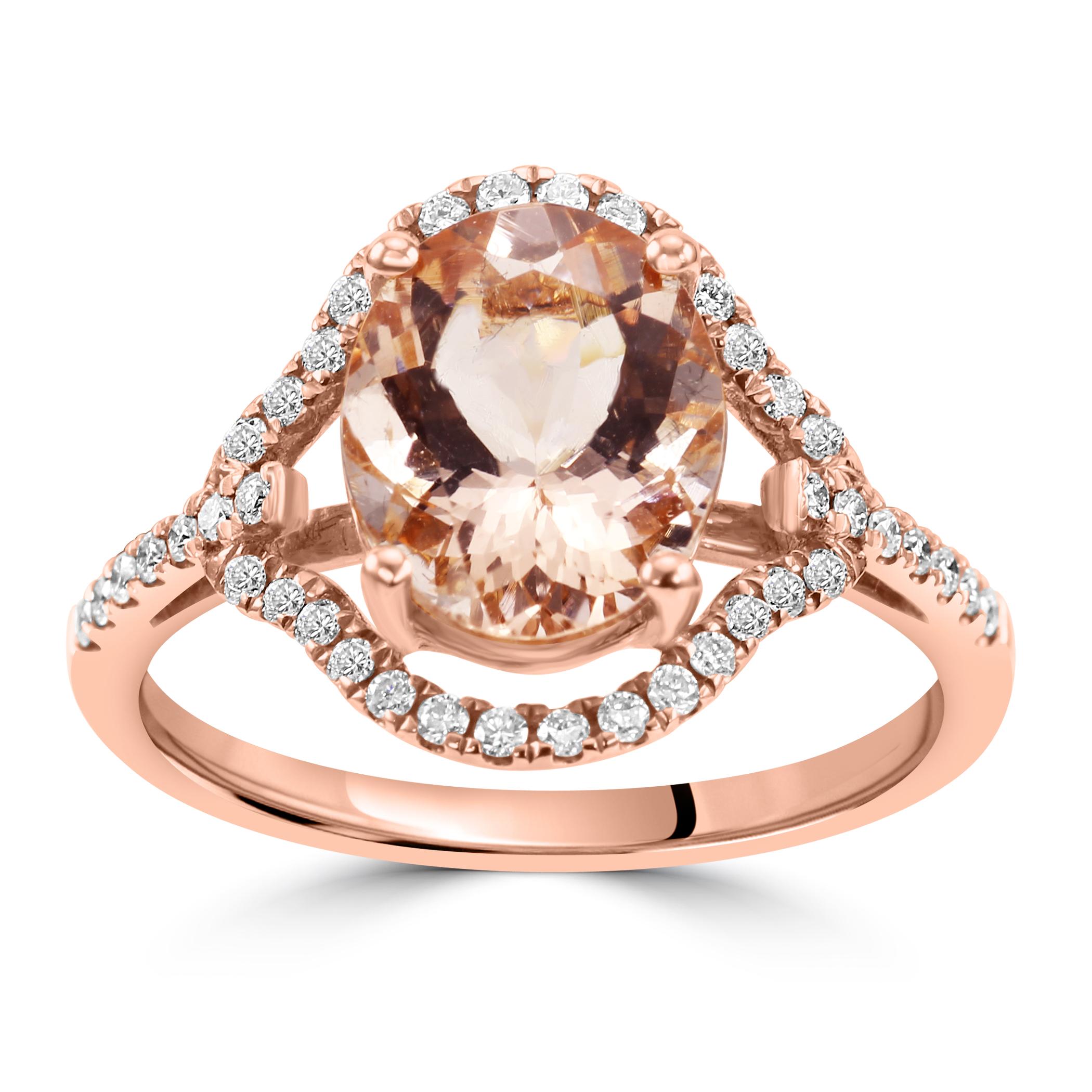 Make your love story come true with our fashion engagement Morganite & Diamond Halo Ring, a blend  of both romance and sophistication. 

The spotlight of this enchanting ring is on the Oval-Shaped Morganite, chosen for its delicate peachy-pink hue