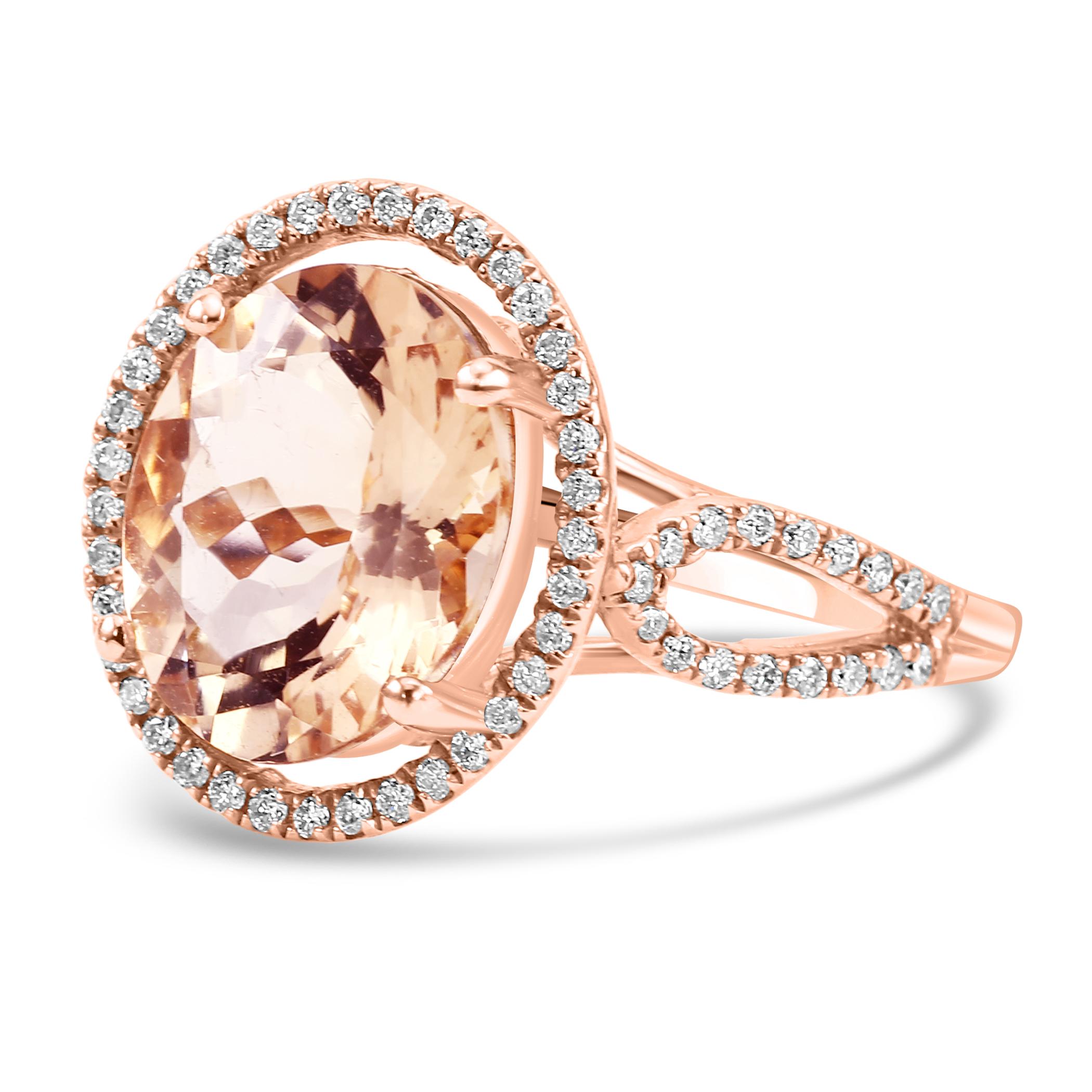 The star of this enchanting ring is the Morganite Oval, selected for its exquisite peachy-pink hue and substantial size, making it a symbol of love and tenderness. Weighing 3.06 carats, the Morganite radiates warmth and elegance, capturing the