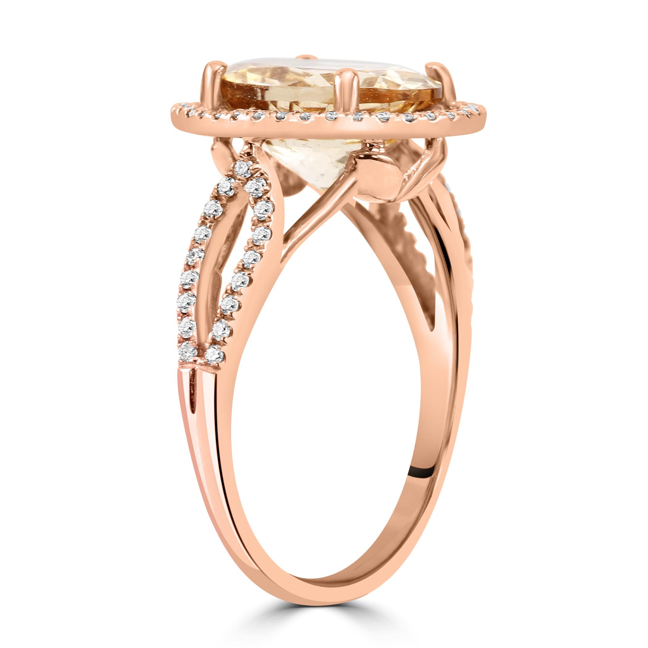 Modern Morganite Oval White Diamond Round 14K Rose Gold Fashion Engagement Halo Ring For Sale