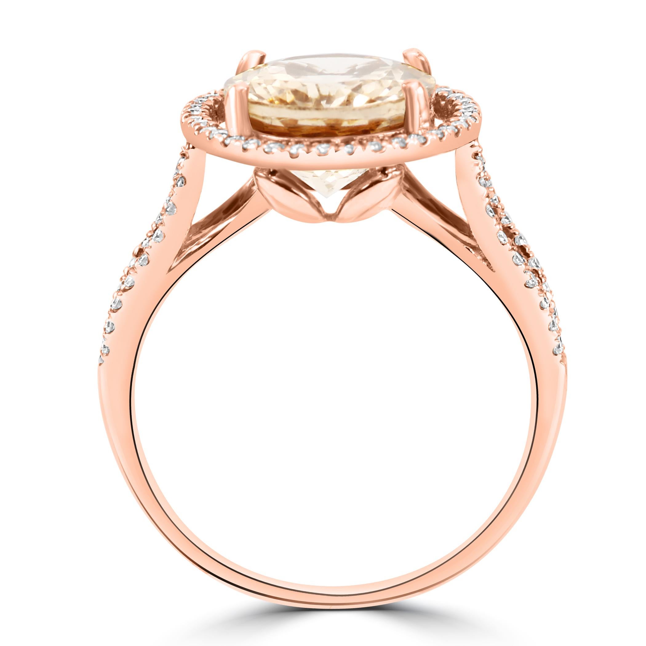 Oval Cut 3.06 Carat Morganite Oval White Diamond Round 14K Gold Fashion Engagement Ring For Sale