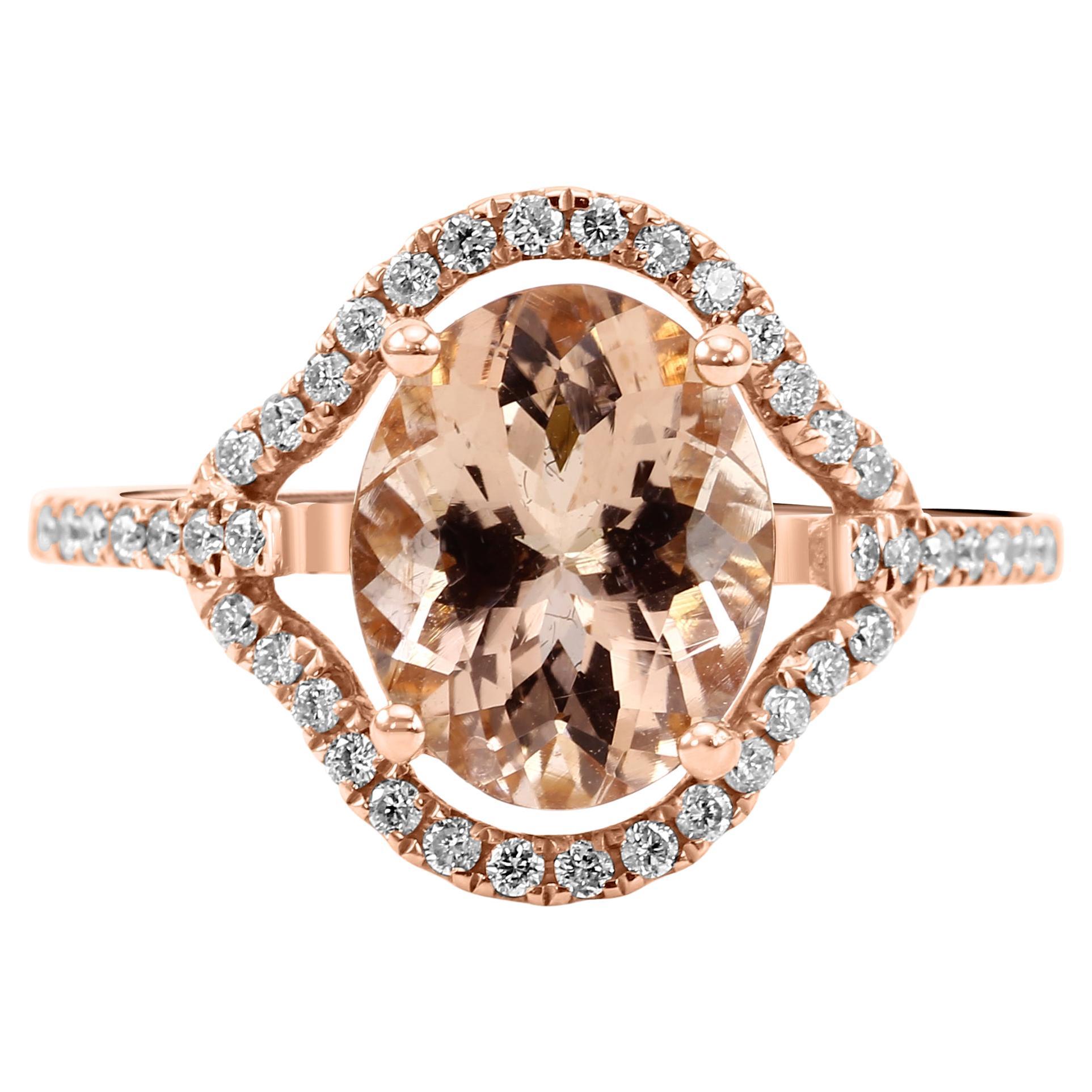 Morganite Oval White Diamond Round 14K Rose Gold Fashion Engagement Halo Ring For Sale