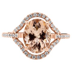 Bague de fiançailles mode halo en or rose 14 carats avec Morganite ovale et diamant blanc rond