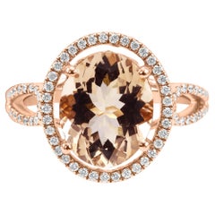 Bague de fiançailles mode halo en or rose 14 carats avec Morganite ovale et diamant blanc rond