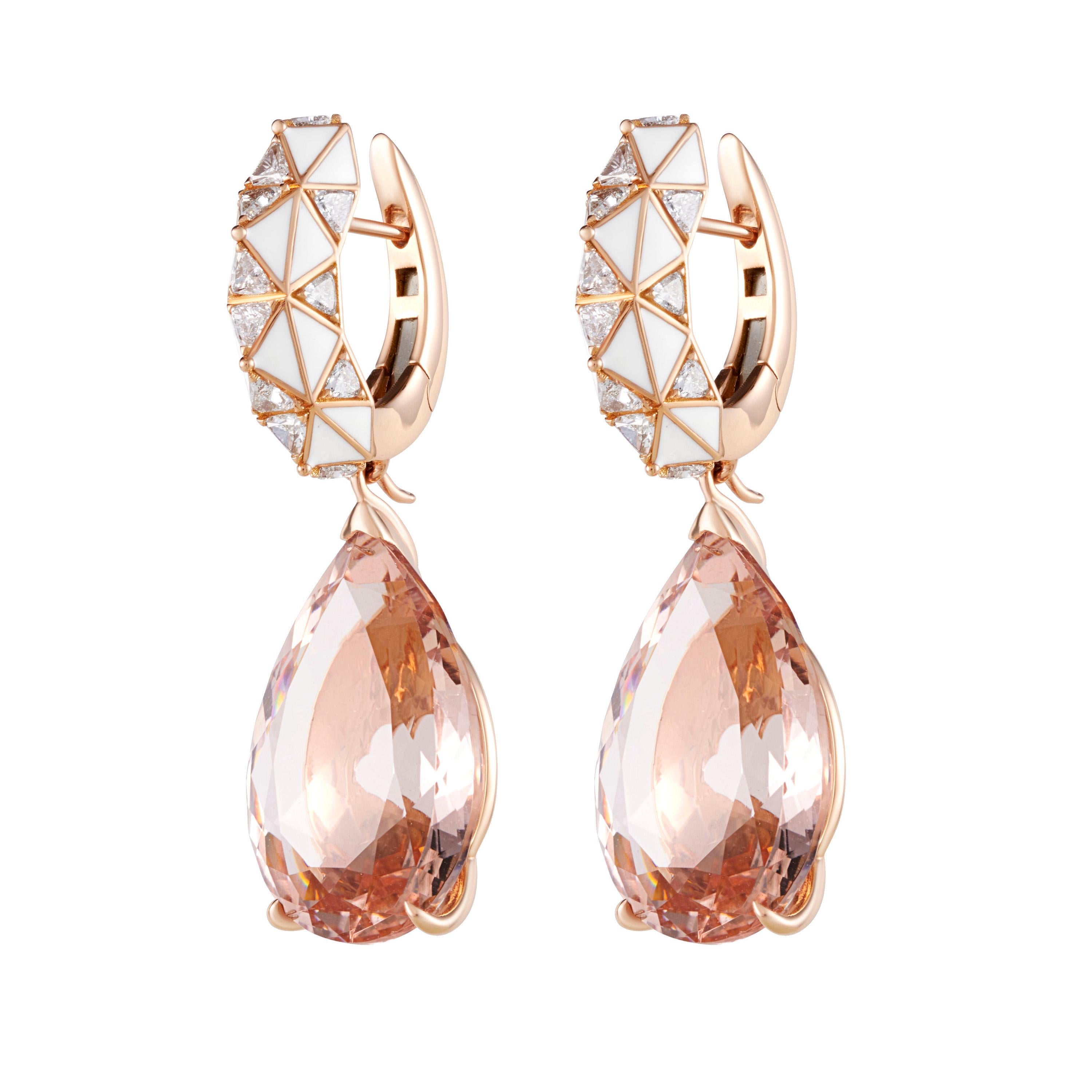 A Pair of Morganite, Diamond and Enamel Gold Drop Earrings in the Candy Collection by the Jewelry Designer, Sarah Ho

The morganites hang from a tessellating pattern of trillion diamonds and enamel within the warm tones of 18kt rose gold.  The drops