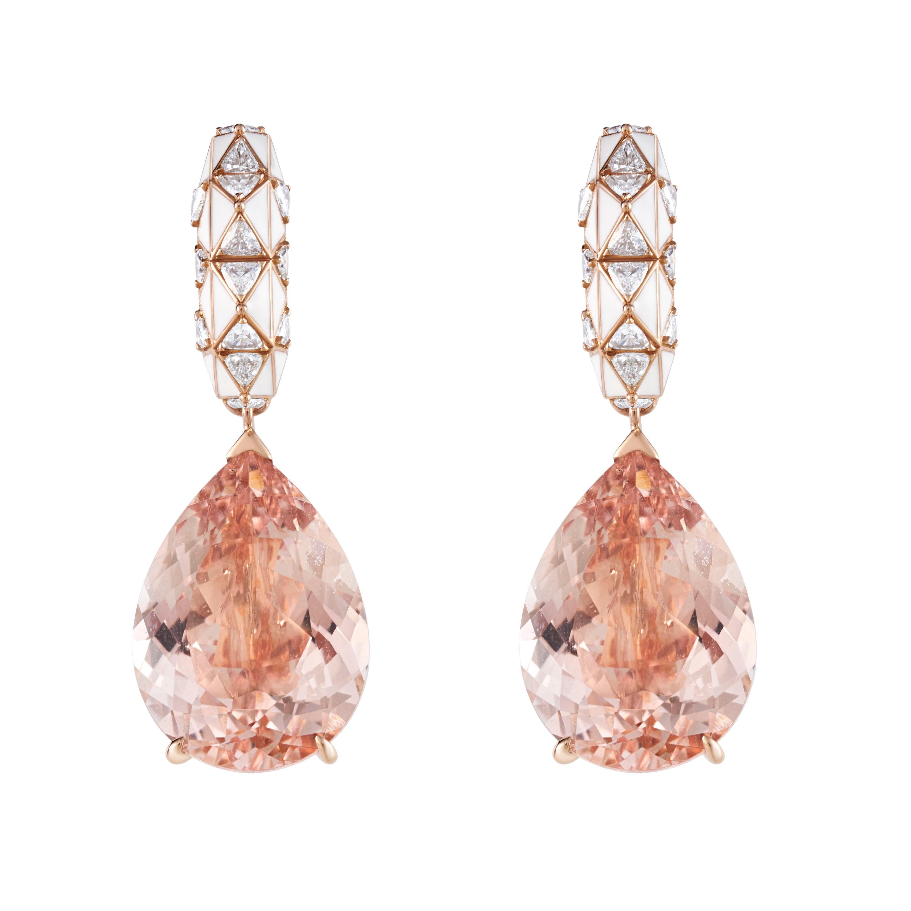 Morganite Pear Cut and Diamond Earrings In New Condition For Sale In London, GB