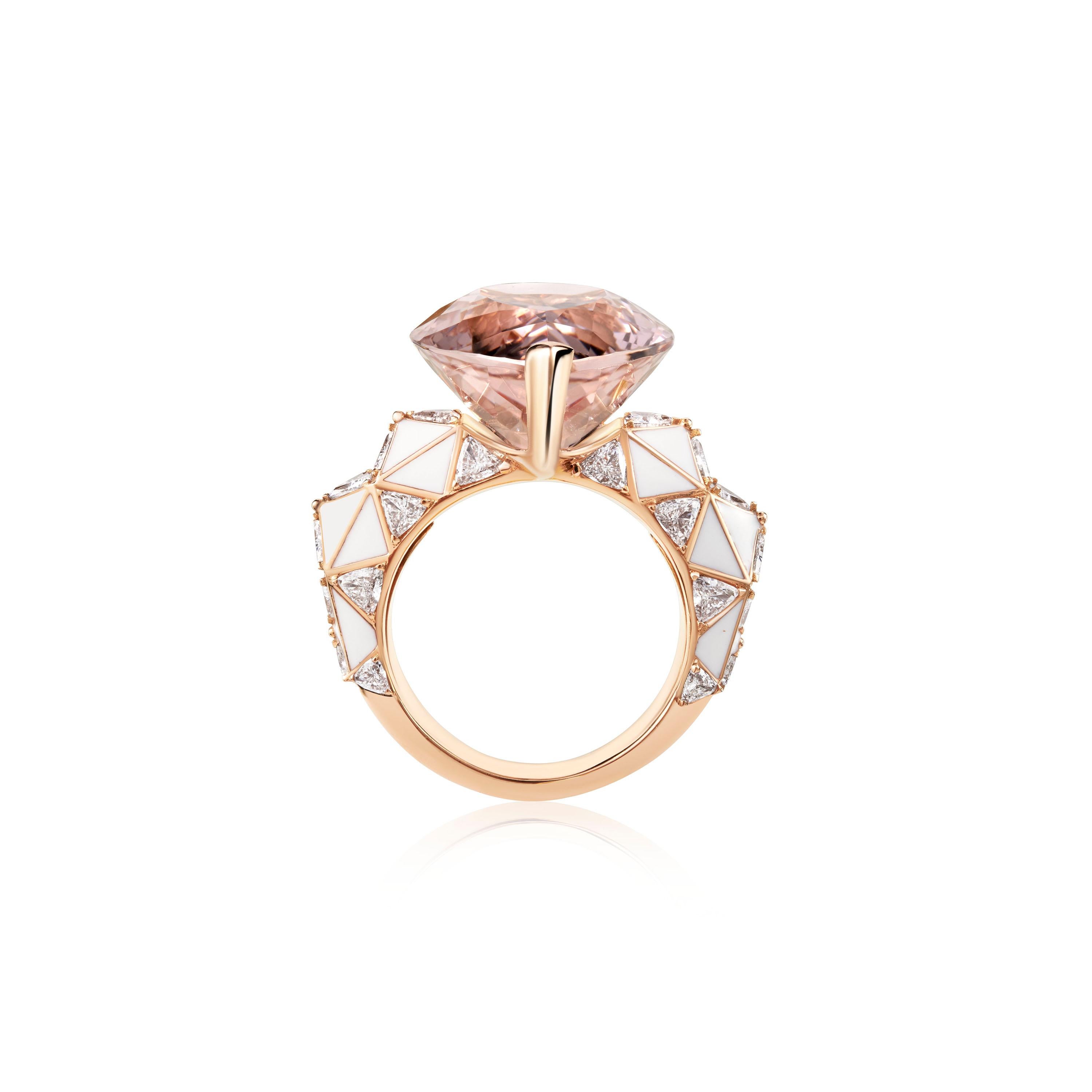 A Pear-Cut Morganite, Diamond and Enamel Gold Ring in the Candy Collection by Jewelry Designer, Sarah Ho.

The central Morganite in Sarah's favourite stone cut sits proudly between a tessellating pattern of trillion diamonds and enamel within the