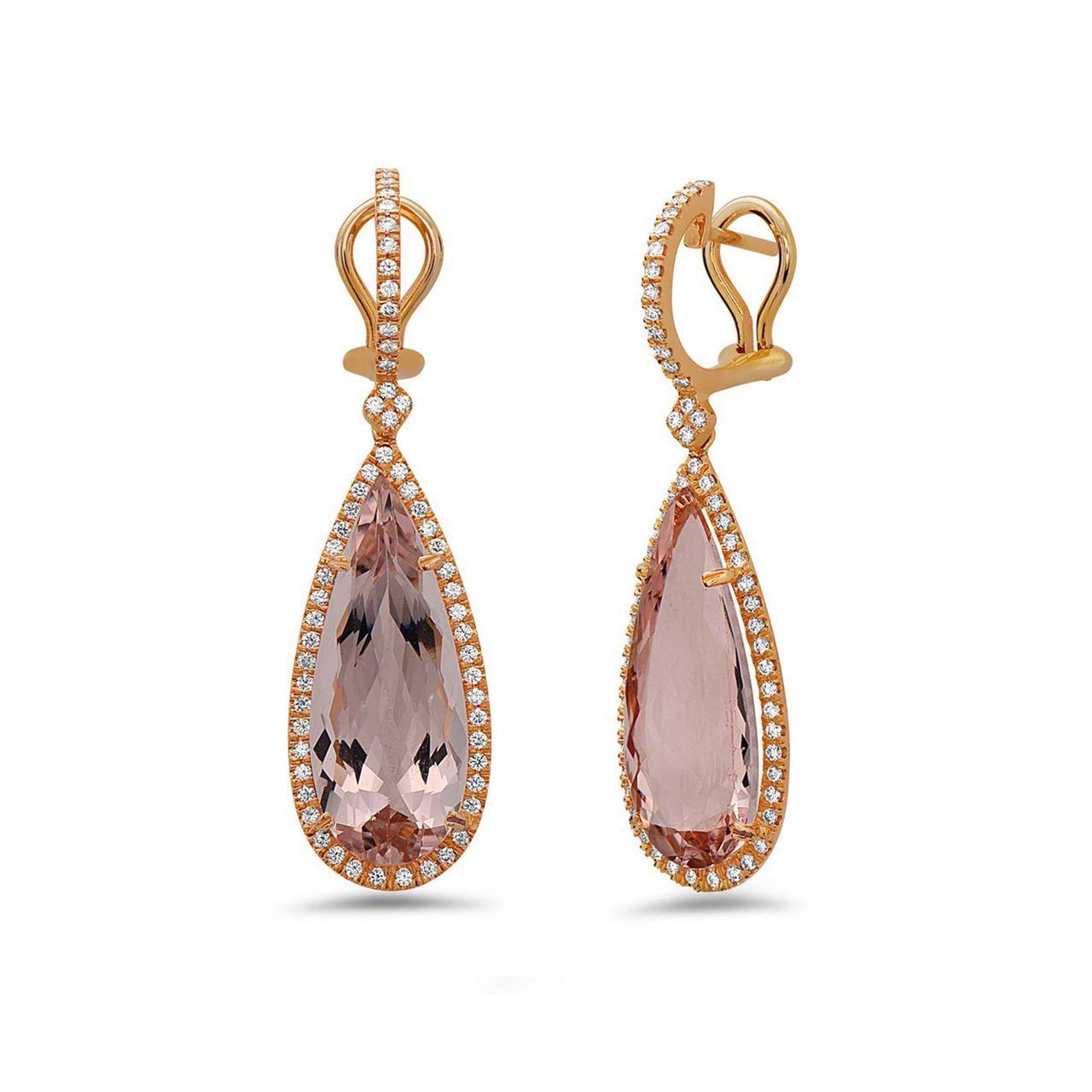 Pear Cut Morganite Pear Shape Drop Earrings in 18K Rose Gold For Sale
