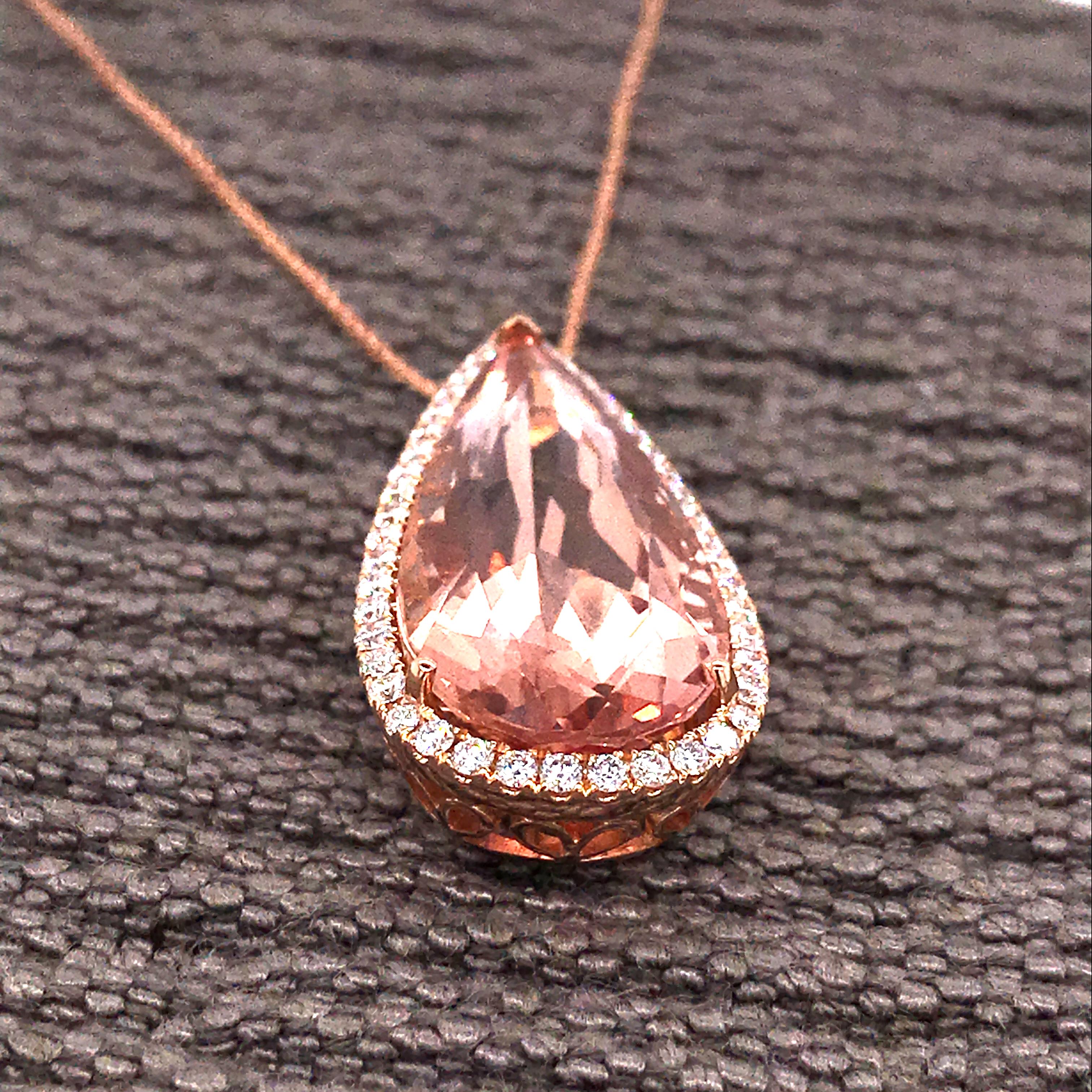 Morganite Pear Shape with Diamond on Pendant Necklaces Rose Gold 18 Karat 5
