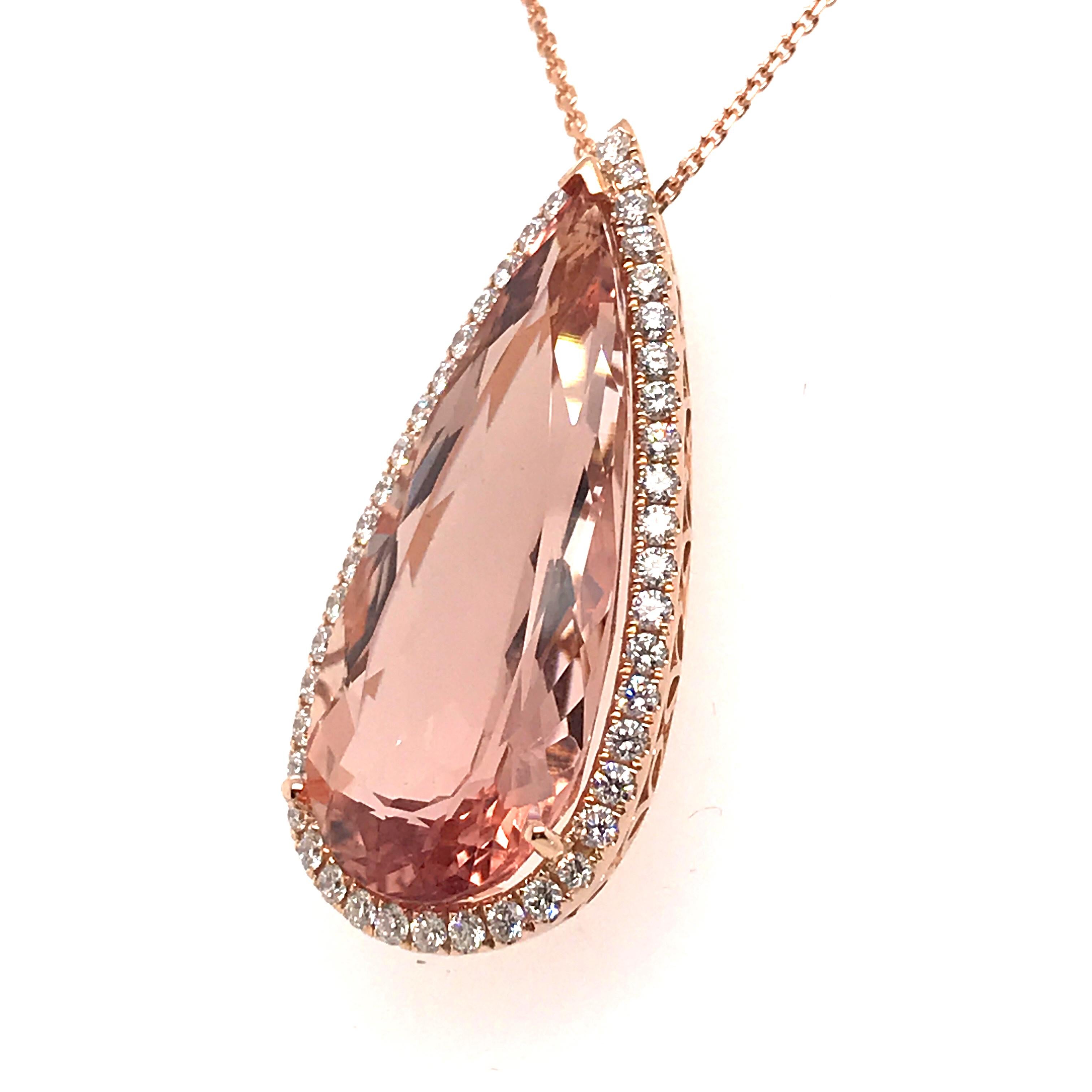 Contemporary Morganite Pear Shape with Diamond on Pendant Necklaces Rose Gold 18 Karat