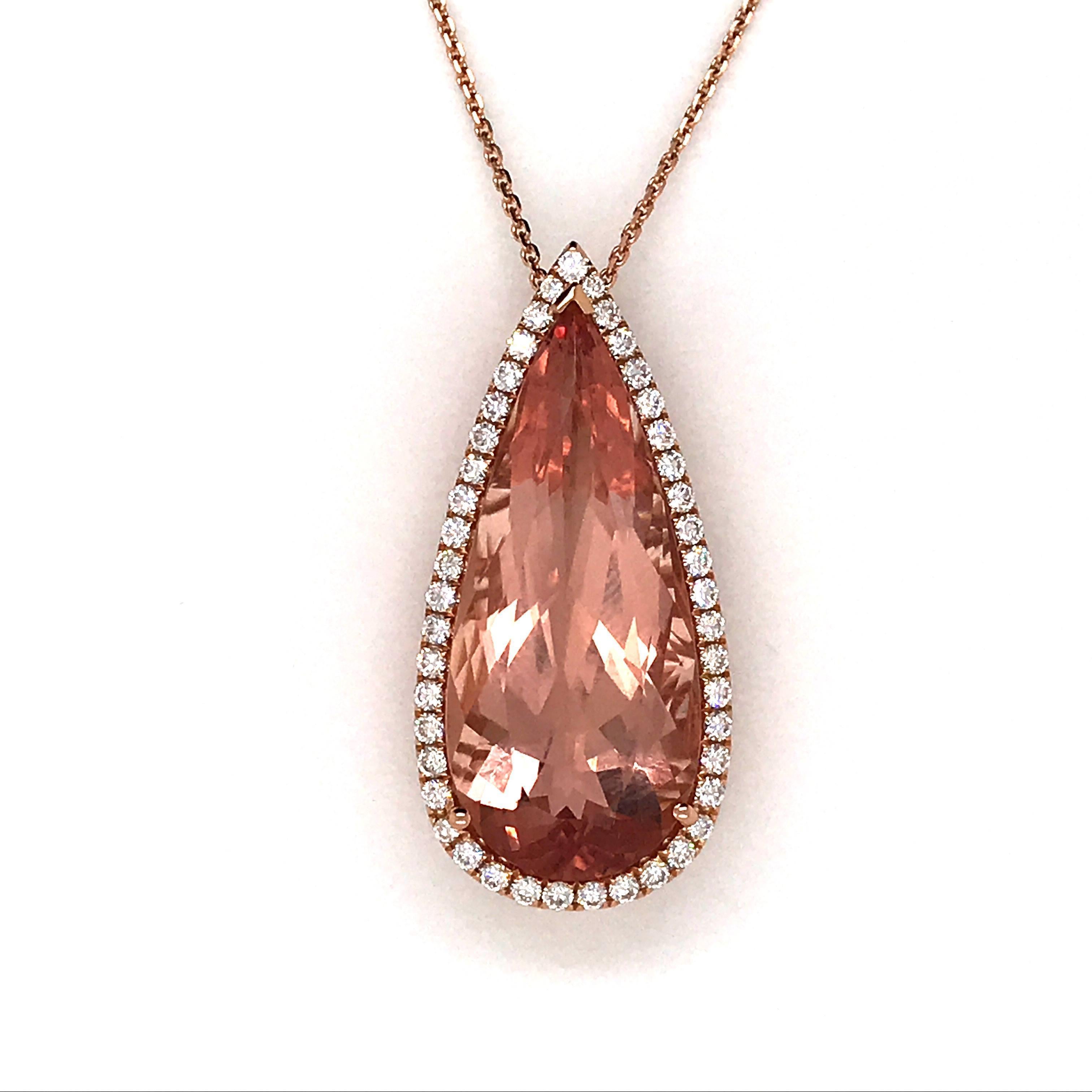 Women's Morganite Pear Shape with Diamond on Pendant Necklaces Rose Gold 18 Karat