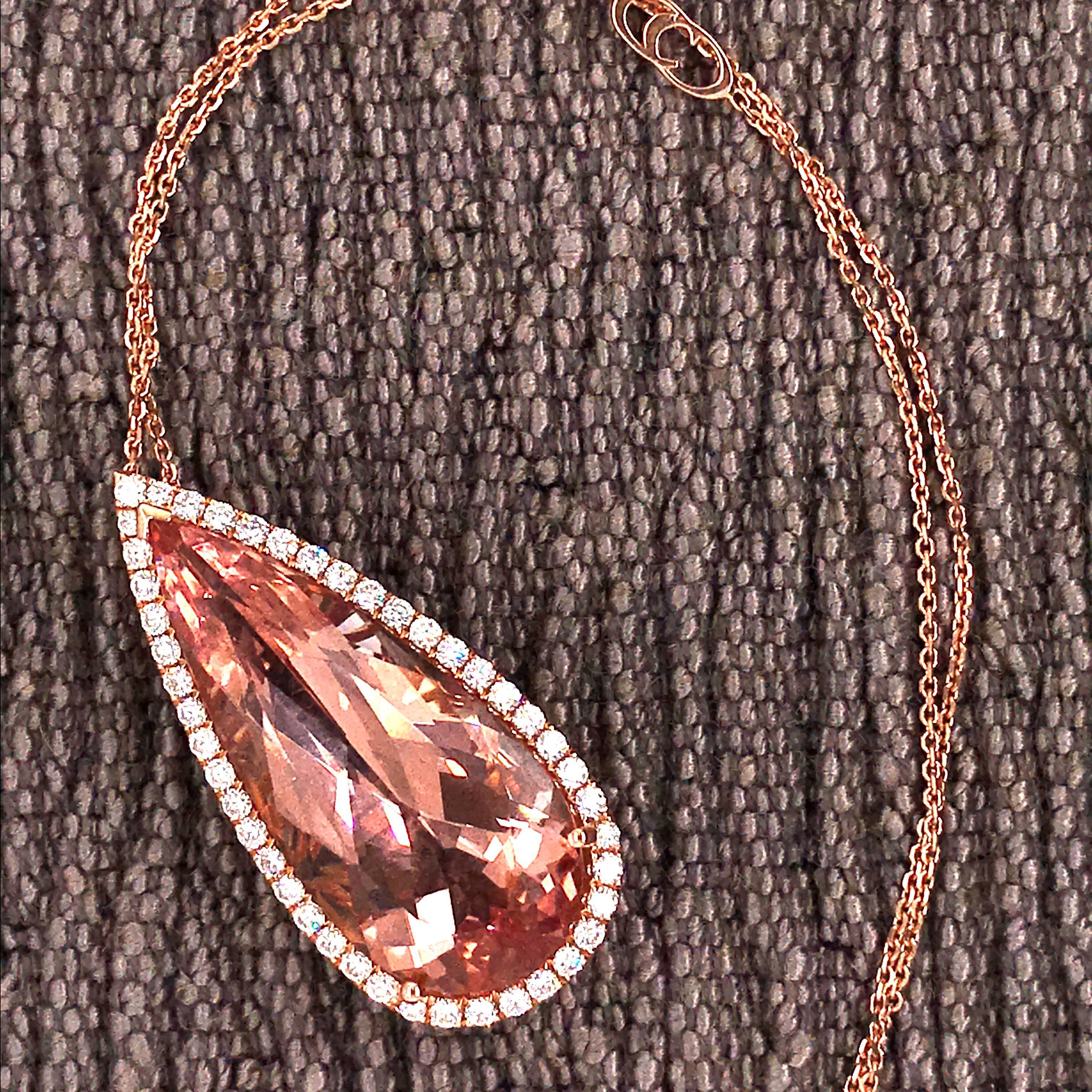 Morganite Pear Shape with Diamond on Pendant Necklaces Rose Gold 18 Karat 2