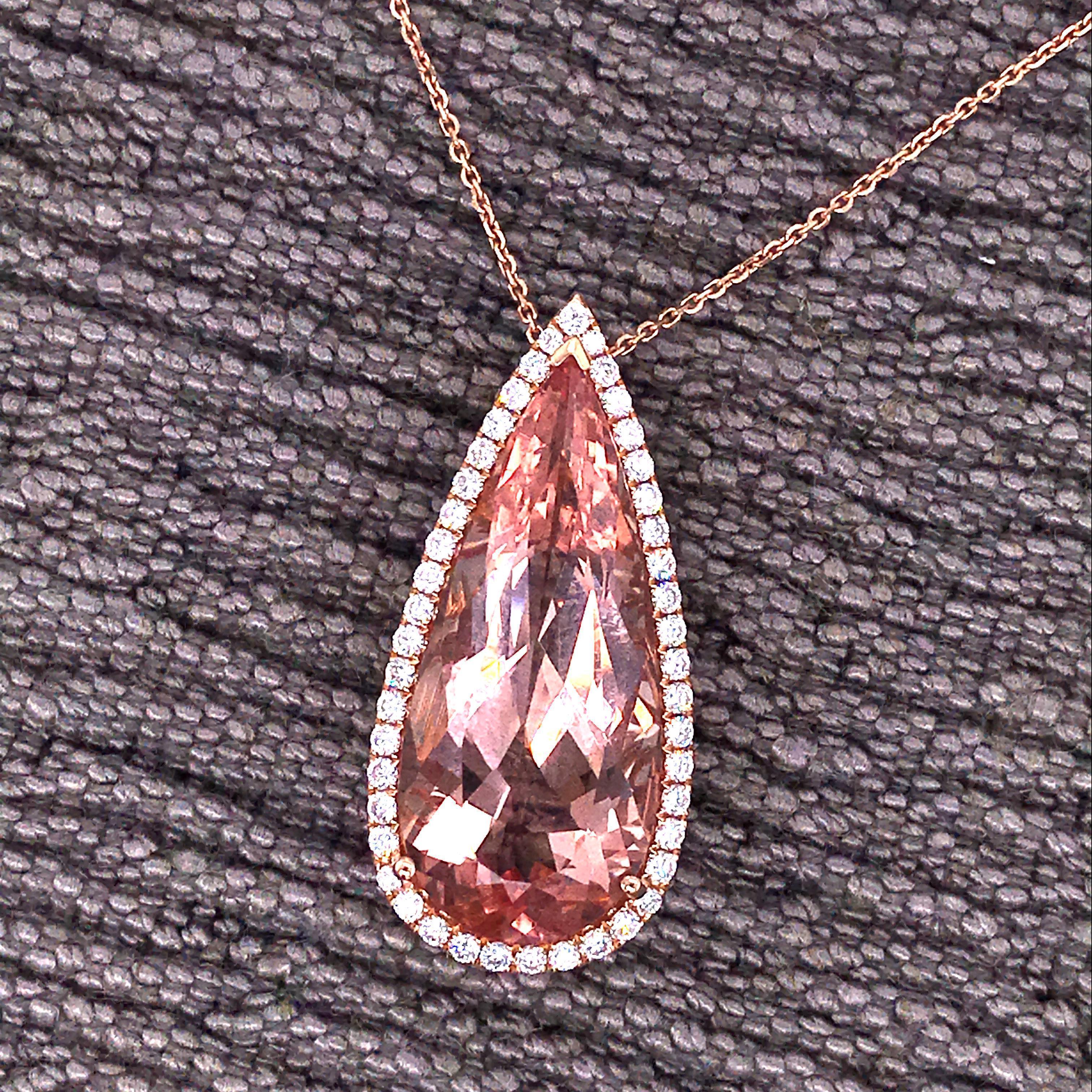 Morganite Pear Shape with Diamond on Pendant Necklaces Rose Gold 18 Karat 3