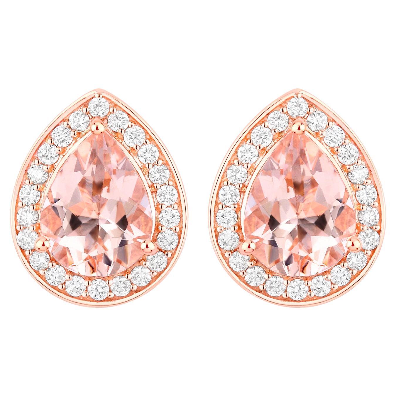 Morganite Pear Stud Earrings Diamond Halo 2 Carats 14K Rose Gold
