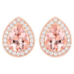Morganite Pear Stud Earrings Diamond Halo 2 Carats 14K Rose Gold