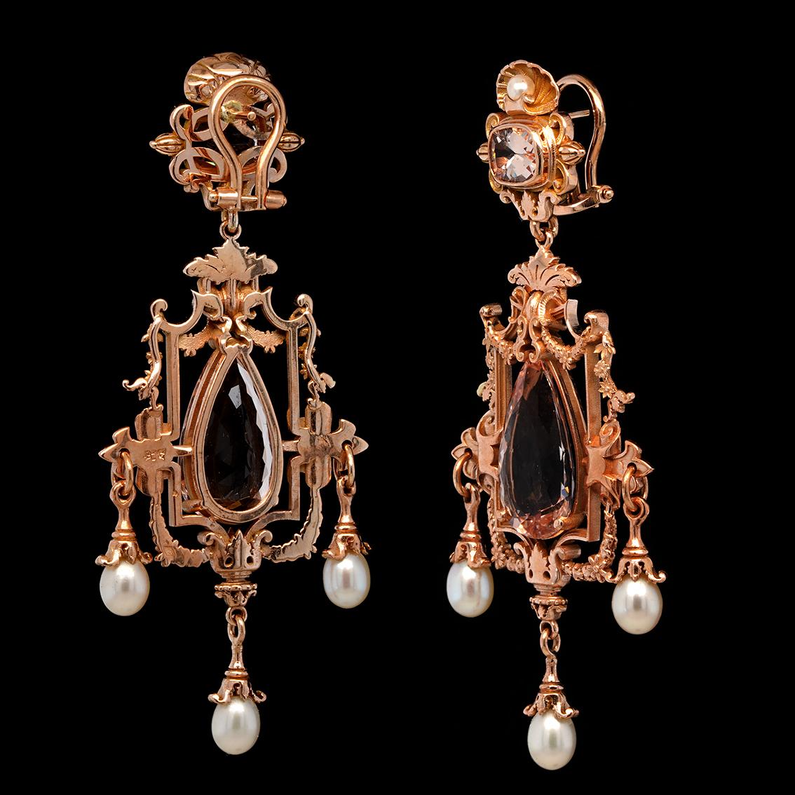 Victorian 35.6ct Pink Morganite, Pearl & 9k Rose Gold Antique Style Chandelier Earrings For Sale