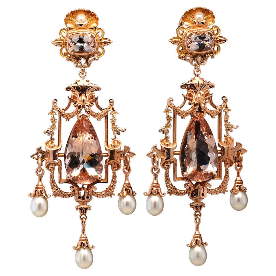 35.6ct Pink Morganite, Pearl & 9k Rose Gold Antique Style Chandelier Earrings For Sale