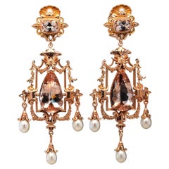 35.6ct Pink Morganite, Pearl & 9k Rose Gold Antique Style Chandelier Earrings