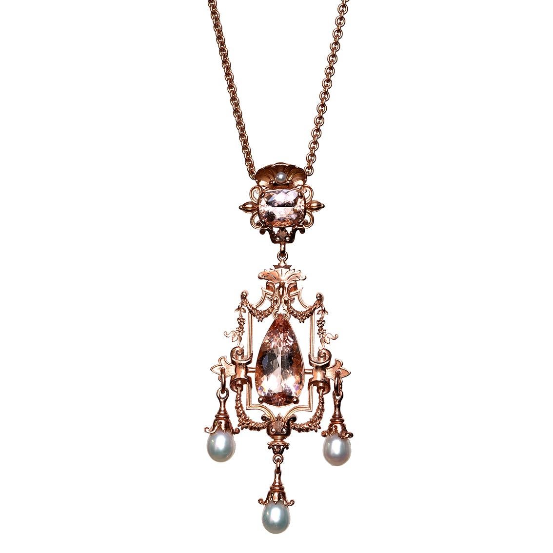 18.58ct Pink Morganite, Pearl & 9k Rose Gold Antique Style Pendant Necklace For Sale 4