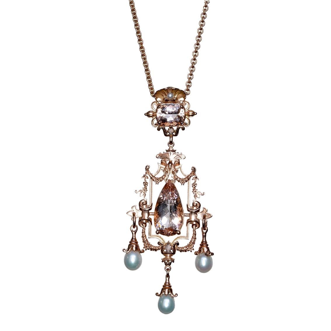 18.58ct Pink Morganite, Pearl & 9k Rose Gold Antique Style Pendant Necklace For Sale 5