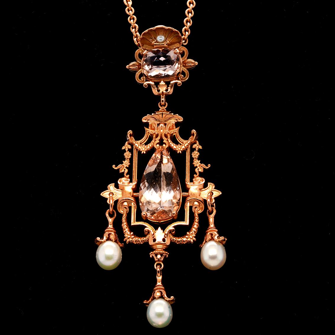 18.58ct Pink Morganite, Pearl & 9k Rose Gold Antique Style Pendant Necklace For Sale 6